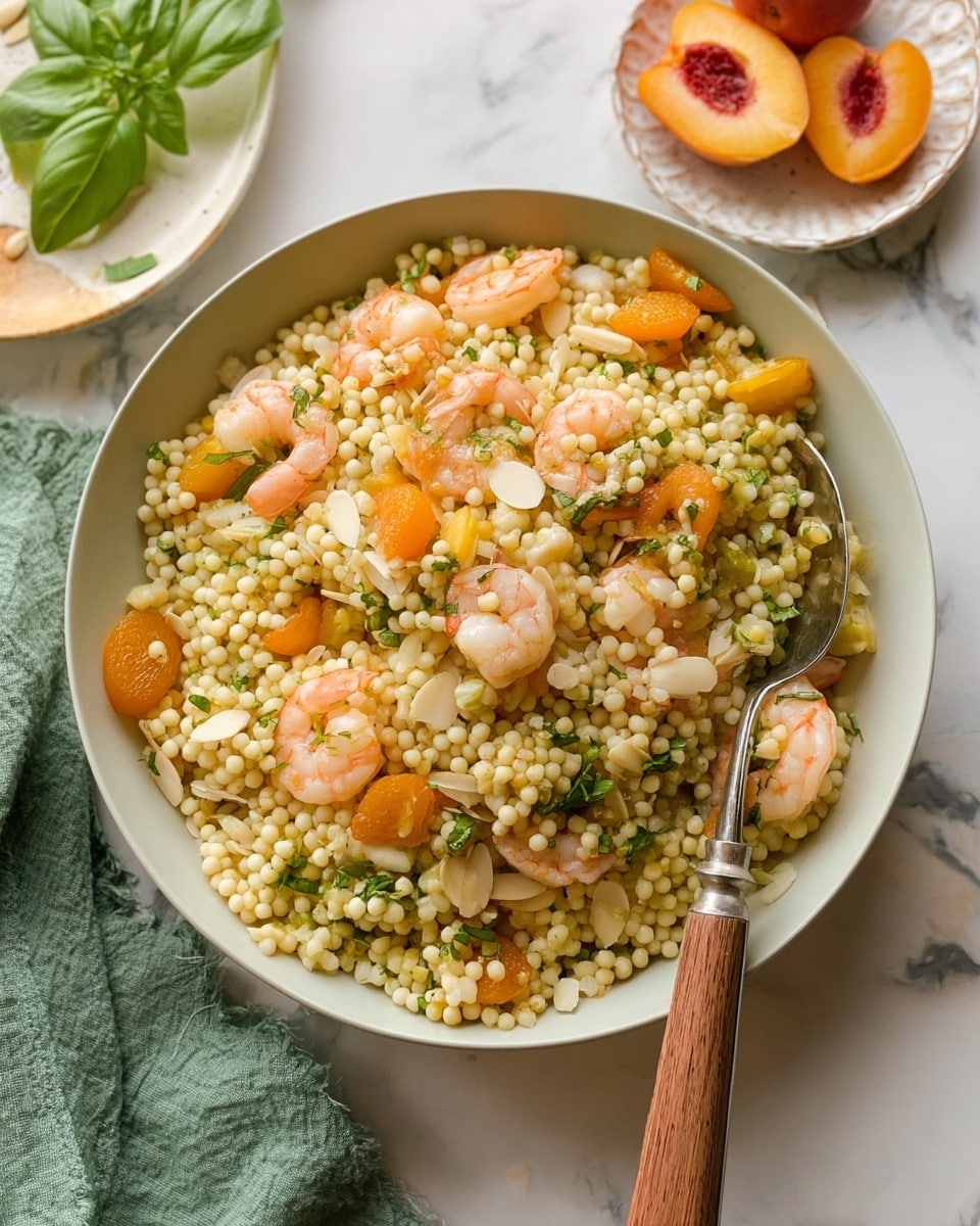 A white bowl filled with a mix of small, round, pale yellow couscous pearls layered with plump, pink shrimp on top, and scattered with green herb flakes throughout. Bright orange apricot pieces and thin, pale almond slices are mixed in with the couscous, adding color and texture. A silver fork with a wooden handle rests inside the bowl on the right side. The bowl is set on a white marbled surface with a green cloth napkin to the left and a small white plate with green basil leaves and a small white dish with orange and pink apricot halves in the background. photo taken with an iphone --ar 4:5 --v 7