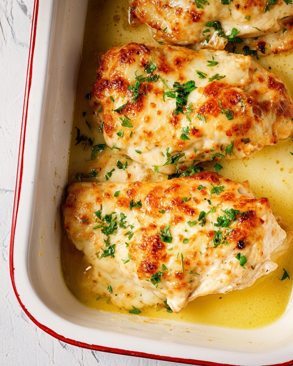 The image shows a white rectangular baking dish with three cooked chicken pieces inside. Each chicken piece is topped with a thick, golden-brown layer of melted cheese that has a slightly crispy texture on the edges. There are small green parsley pieces sprinkled on top as garnish. The dish is surrounded by a light yellow, oily liquid that adds shine and moisture to the food. The edges of the white dish have a red border, and the background surface is a white marbled texture. photo taken with an iphone --ar 4:5 --v 7