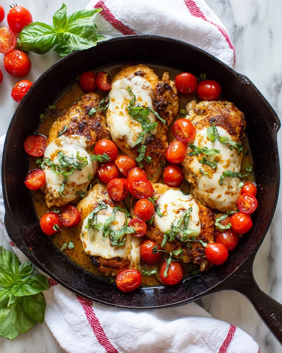 In a black cast iron pan, there are four browned cooked chicken pieces arranged in a circle, each topped with melted white cheese that looks soft and creamy. Around and on the chicken, there are many bright red cherry tomatoes, some whole and some slightly cooked with a shiny, juicy texture. Fresh green basil leaves are scattered on top and around the chicken, adding a pop of bright color. The pan is sitting on a white marbled surface, partly covered with a white cloth with red stripes, and some fresh basil leaves and whole red cherry tomatoes are placed casually in the background. Photo taken with an iphone --ar 4:5 --v 7