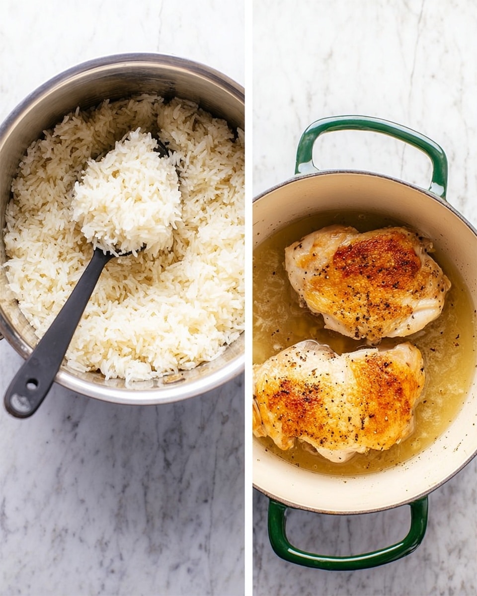 The image shows two parts: on the left is a shiny silver pot with soft white rice inside, with a black spoon resting in the pot lifting some rice; the rice looks fluffy and evenly cooked, filling about half the pot; on the right is a white cast iron pot with two golden brown chicken pieces cooked with black pepper on top, sitting in light brown oil and juices; the pot has green handles, and the surface below both pots is white with a marble texture. photo taken with an iphone --ar 4:5 --v 7
