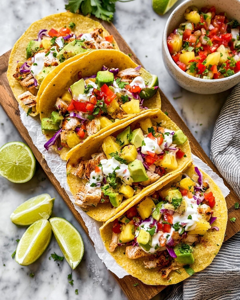 Four yellow corn tortillas form the base, each folded in half and placed side by side on a rectangular wooden board lined with white paper. Inside each tortilla is a layer of grilled light brown chicken, topped with cubed green avocado, small red tomato pieces, bright yellow pineapple chunks, thin strips of purple cabbage, and bits of green jalapeño. Dollops of white sour cream sit towards the front of each taco, with sprinkled green cilantro over all. To the side, a white bowl holds a colorful mix of chopped tomatoes, green peppers, red onions, and pineapple. Two lime wedges sit on the board near the tacos, all set on a white marbled surface with a grey and white cloth nearby. Photo taken with an iphone --ar 4:5 --v 7