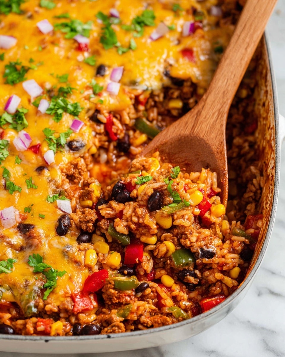 A large white pan filled with a layered baked dish showing a mix of cooked ground meat, corn, black beans, red and green bell peppers, and rice. The left side is topped with a thick, melted layer of golden-yellow cheese covering part of the filling. Small pieces of chopped red onion and fresh green cilantro are sprinkled over the cheese and filling. A wooden spoon is scooping out a portion from the right side, showing the colorful mix and melted cheese with a slightly browned texture. The background is a white marbled surface. photo taken with an iphone --ar 4:5 --v 7