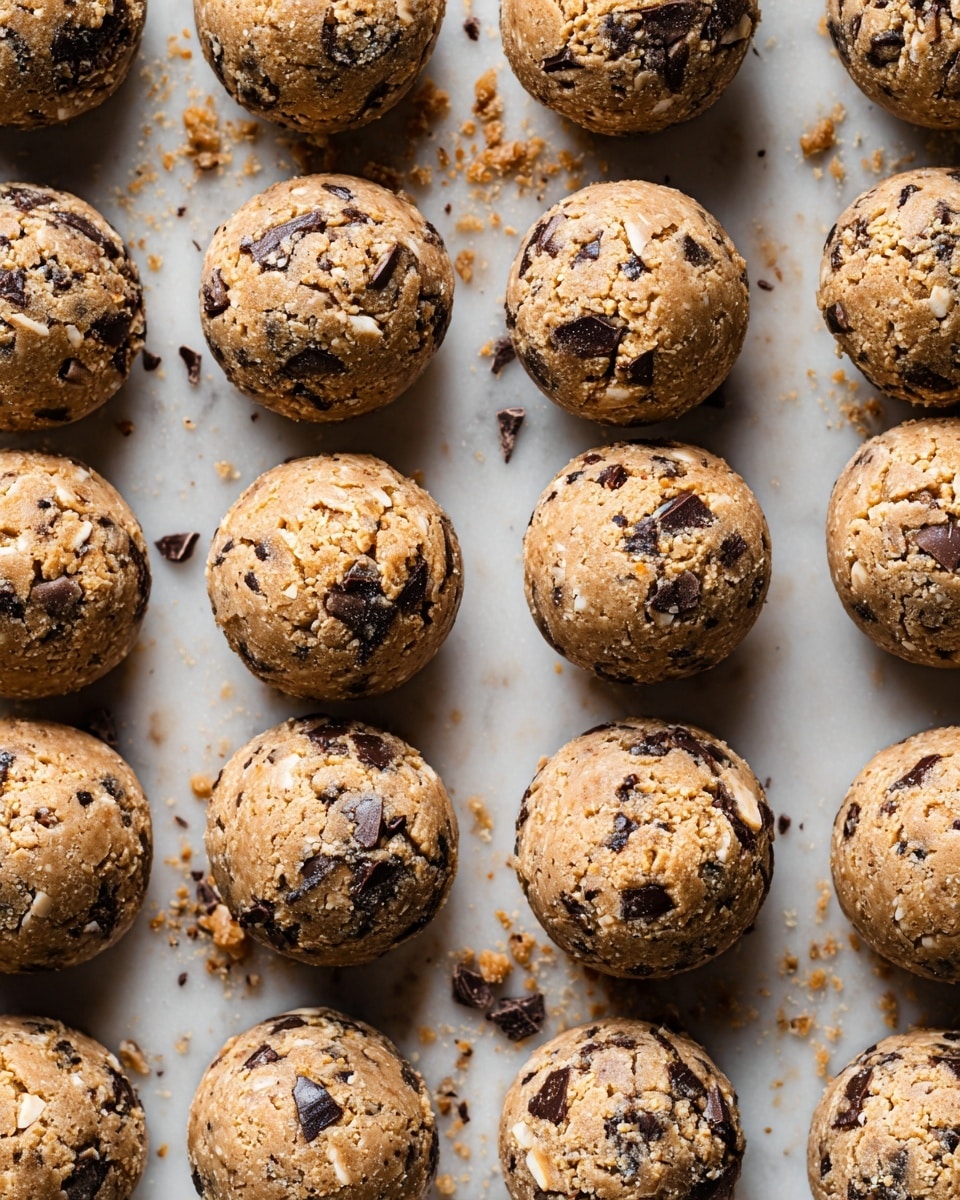 The image shows close-up balls of cookie dough arranged neatly in rows on a white marbled surface. Each dough ball is round and textured with visible chunks of dark chocolate and caramel pieces scattered throughout. The color of the dough is a light brown, slightly crumbly but dense, with some areas showing small cracks. The arrangement is tight, highlighting the rough texture and mix-ins in each piece, with small crumbs and bits scattered between them. photo taken with an iphone --ar 4:5 --v 7