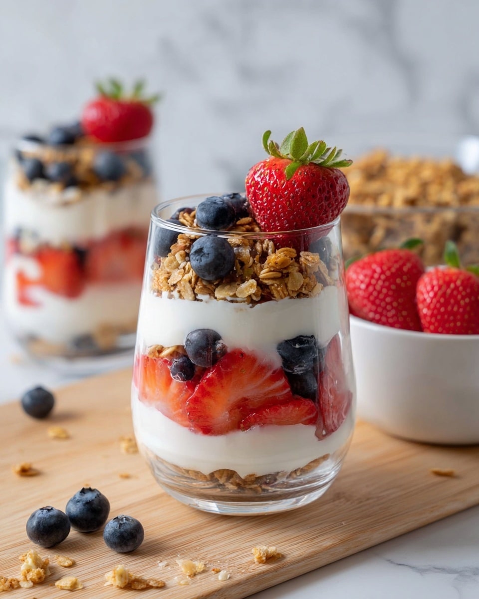 The image shows a clear glass with five layers of food. The bottom layer is red sliced strawberries, followed by a thick white creamy layer. Above that is a layer of golden brown granola mixed with some blueberries. On top of the granola is another thick white creamy layer with sliced strawberries mixed in. The top layer is decorated with whole blueberries, granola sprinkled around, and one whole bright red strawberry with green leaves is placed on the edge. In the background, there is another similar glass and a white bowl with more granola and some whole strawberries on a light wooden surface, all set against a white marbled background. Photo taken with an iphone --ar 4:5 --v 7