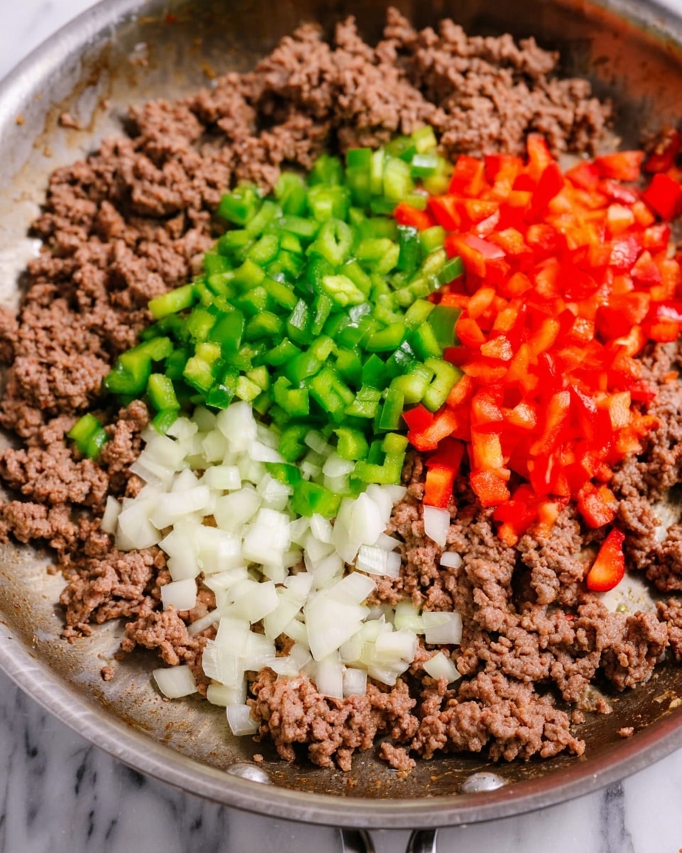 In a metal frying pan, there is one main layer of cooked ground beef with a brown, crumbly texture spread across the pan. On top of this layer, near the upper center, there are three small piles of diced vegetables: green bell peppers on the left, red bell peppers in the middle, and white onions on the right. The vegetables are bright and fresh with a finely chopped appearance. The background is a white marbled surface. photo taken with an iphone --ar 4:5 --v 7