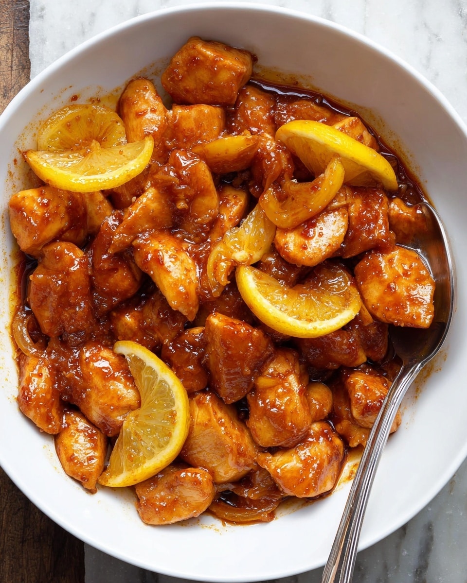 A white bowl filled with chunks of raw chicken coated in a shiny, dark reddish-brown marinade, mixed with several thin slices of bright yellow lemon. The chicken pieces vary in size and have a glossy, smooth texture from the sauce. A silver spoon is partially submerged on the side of the bowl. The background is a white marbled surface. photo taken with an iphone --ar 4:5 --v 7