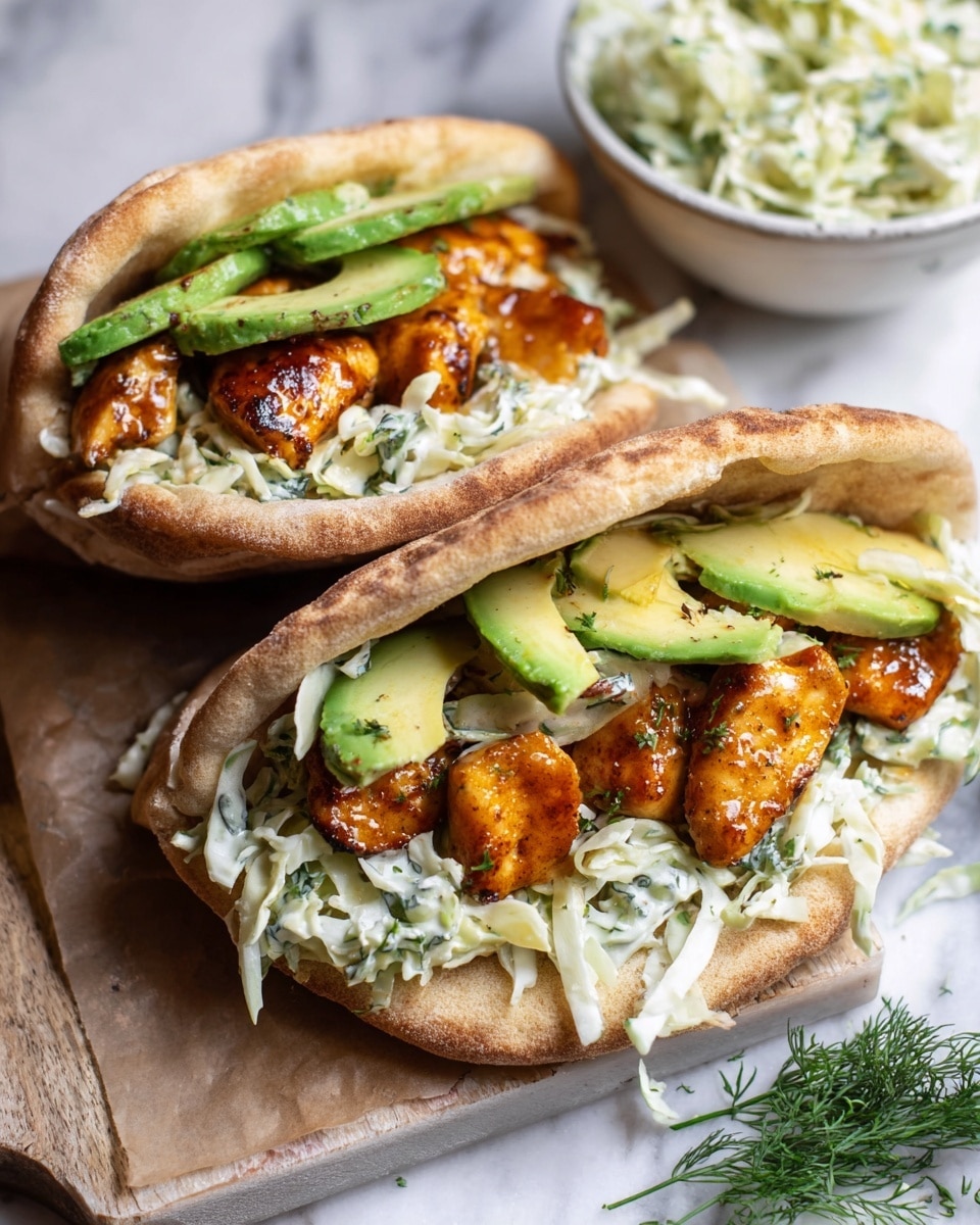 Two pita sandwiches sit open, showing three main layers inside each. The bottom layer is creamy coleslaw made of shredded white cabbage with bits of green herbs, giving a soft and slightly messy texture. Above this, medium-sized golden-brown chunks of glazed chicken pieces with a shiny surface are arranged, creating a rich, warm color contrast. The top layer has several bright green slices of avocado, smooth and fresh-looking, peeking out from the pita. The pita bread itself is light brown and slightly toasted with a fluffy texture. This scene is set on a white marbled surface, with a small white bowl filled with extra coleslaw beside the sandwiches. A green herb garnish can be seen nearby, adding a fresh touch. Photo taken with an iphone --ar 4:5 --v 7