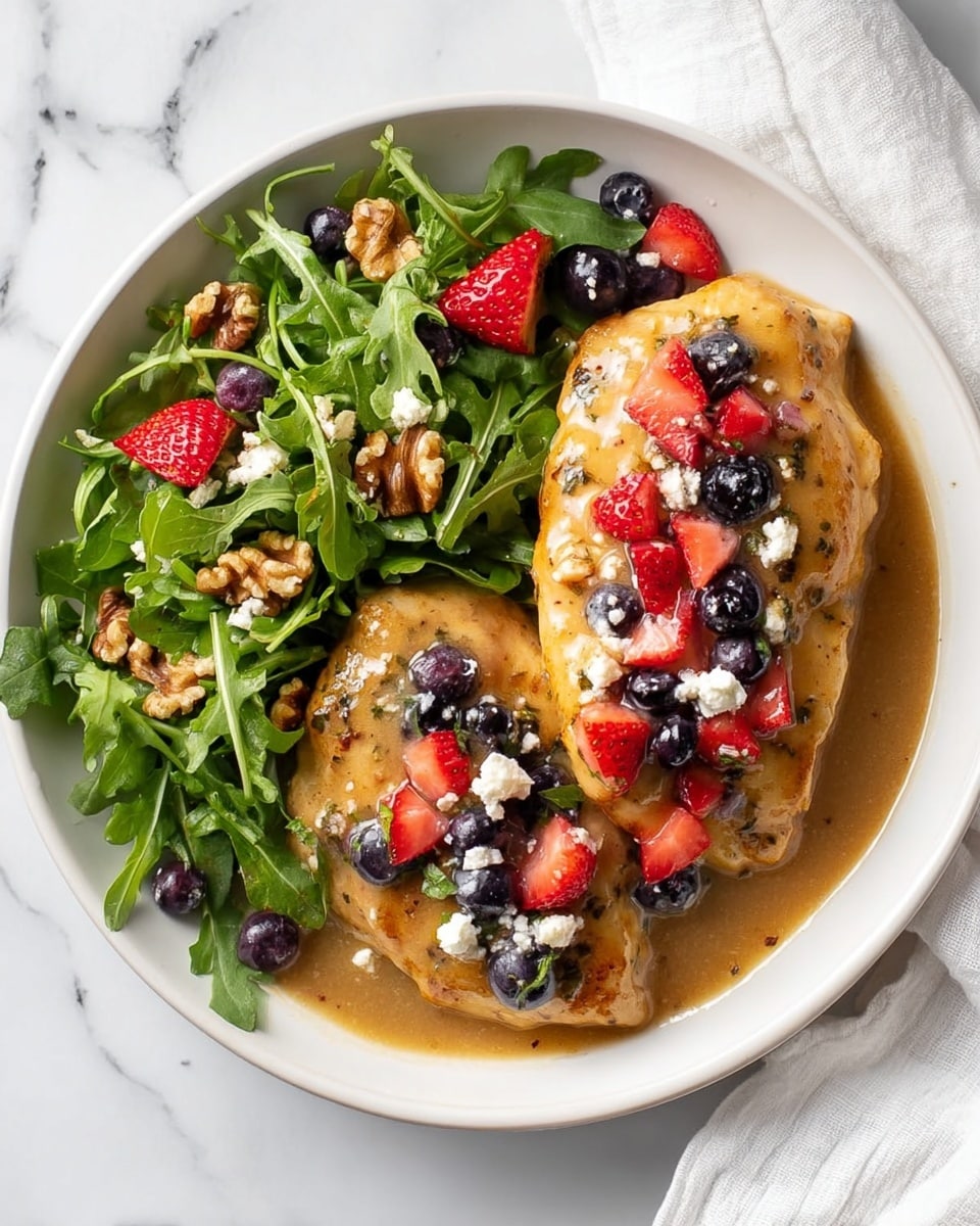 The image shows a white round plate with two main sections: on the right, there are two cooked golden brown pieces of chicken covered in light brown sauce with a glossy texture, topped with a mix of small red strawberry pieces, whole dark blueberries, and crumbled white cheese. On the left, there is a fresh green arugula salad mixed with whole walnuts, more small red strawberry pieces, and a few dark blueberries scattered among the leaves. The plate is set on a white marbled surface with a white cloth napkin partially visible in the top right corner. Photo taken with an iphone --ar 4:5 --v 7