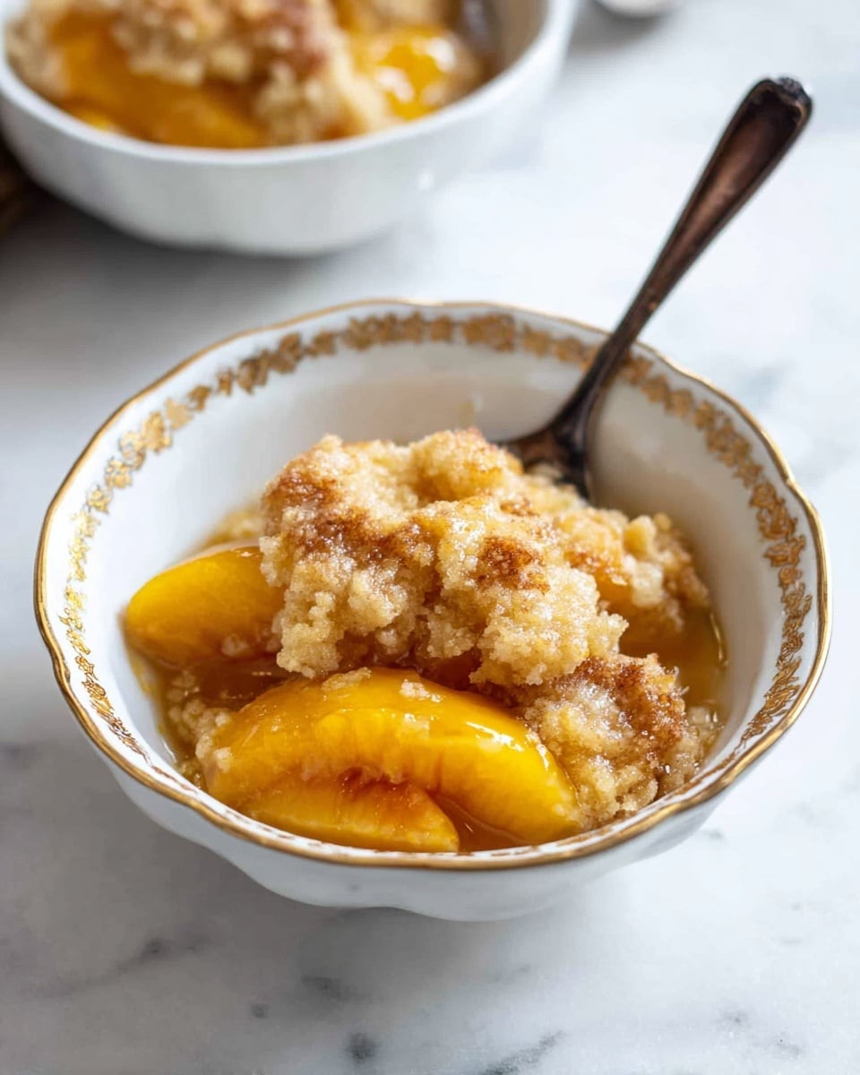 The image shows a white bowl with a gold patterned rim, filled with a warm dessert that has three layers. The bottom layer is made of soft, sliced peaches in a bright orange syrup. On top of the peaches is a thick, golden-brown baked topping with a slightly crumbly texture. This topping has a mix of light and darker golden colors, indicating it is baked well. A spoon with a dark handle rests inside the bowl, leaning against the side, ready for eating. The bowl is placed on a white marbled surface. In the background, there is a second bowl with the same dessert, slightly out of focus. Photo taken with an iphone --ar 4:5 --v 7