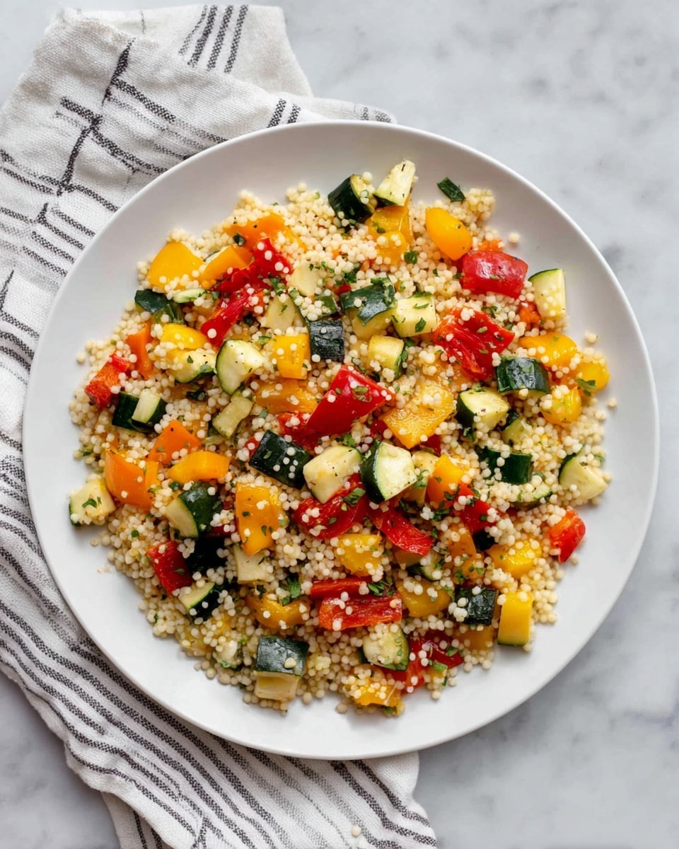 A white plate holds one layer of round, pearly couscous mixed evenly with small cubes of vegetables in bright colors: green zucchini, red bell peppers, orange bell peppers, and yellow squash. The couscous grains are small and glossy, scattered throughout the colorful vegetable pieces. The dish sits on a white marbled surface next to a folded white cloth with black stripes. The overall look is fresh with a mix of soft and slightly crispy textures, and small green herbs are sprinkled throughout. photo taken with an iphone --ar 4:5 --v 7