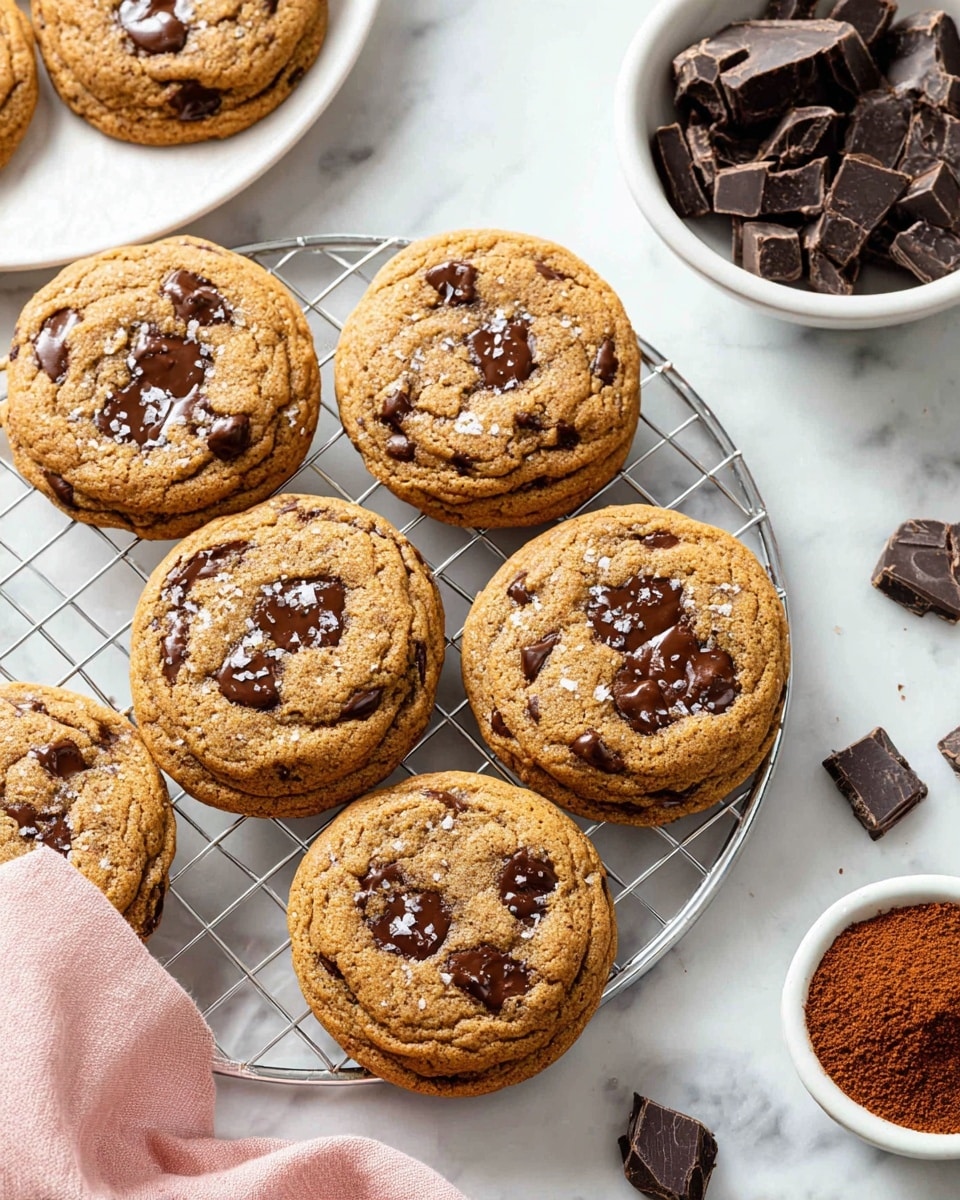 Six golden-brown chocolate chip cookies rest on a silver cooling rack, each cookie showing a slightly cracked surface with large, dark chocolate chips embedded throughout. Some of the cookies are dusted with small grains of white sea salt on top. To the right, a white bowl is filled with shiny dark chocolate chunks and a smaller white dish holds a rich reddish-brown powder, likely cinnamon or cocoa. Scattered chocolate pieces lie around the bowls on a white marbled surface, with a soft pink cloth partially visible near the bottom. photo taken with an iphone --ar 4:5 --v 7