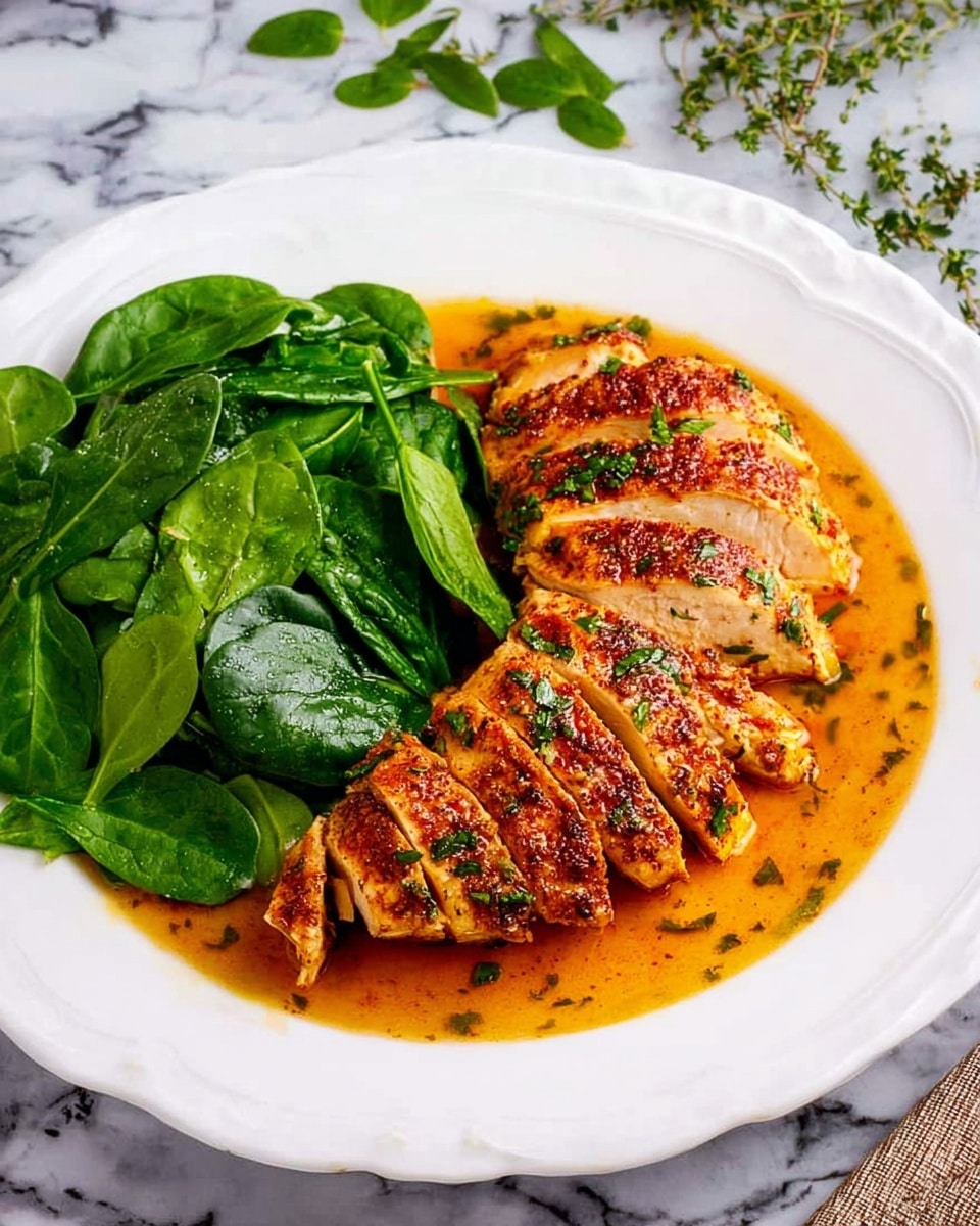 A white plate holds a meal with two main layers. On the left side, there is a fresh pile of bright green spinach leaves, showing smooth and glossy texture. On the right side, there are six slices of cooked chicken, arranged in a slight curve. The chicken has a golden brown color with visible spices and herbs sprinkled on top. The slices sit in a pool of orange-brown sauce that covers the plate under the chicken, adding a shiny texture. The background is a white marbled surface with some small green herb pieces scattered around. photo taken with an iphone --ar 4:5 --v 7