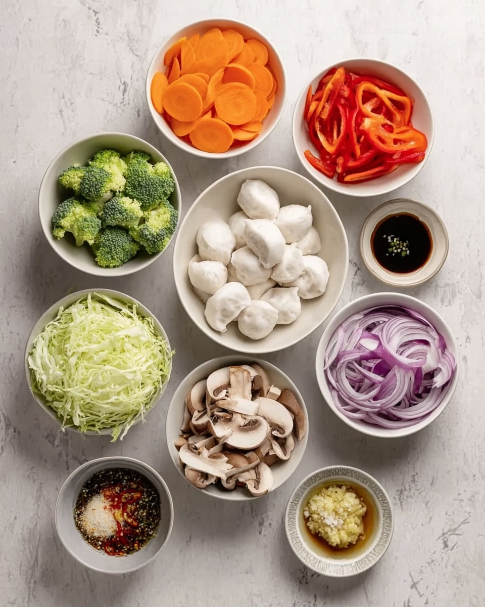 The image shows nine white bowls arranged on a white marbled surface. In the center, there is a bowl filled with white dumplings. Surrounding it are bowls with various colorful ingredients: bright orange carrot slices with a small dollop of white sauce on top; fresh green broccoli florets; thin red bell pepper strips; finely shredded pale green cabbage; sliced purple onions; sliced brown mushrooms; a bowl with a small amount of light tan minced garlic; a bowl with a clear liquid; and a dark sauce with visible spices and herbs. Each bowl is clean and neatly filled with fresh ingredients. Photo taken with an iphone --ar 4:5 --v 7