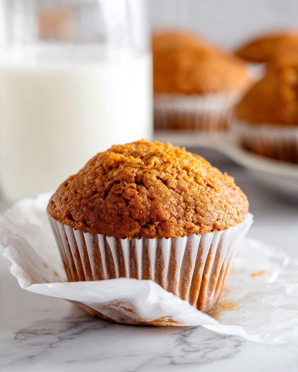 A close-up of a single brown muffin with a rough, slightly bumpy top center, sitting on a white marbled surface. The muffin is partially wrapped in a white, slightly crinkled muffin liner that is peeled back and spread out around it. In the blurry background, there are more muffins in white liners and a large white glass filled with milk. The scene is bright and clean with soft natural light highlighting the muffin’s texture. photo taken with an iphone --ar 4:5 --v 7