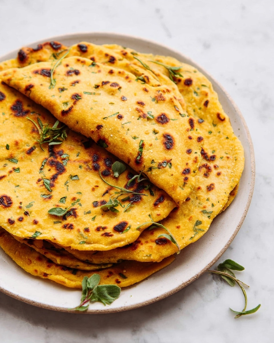 A stack of several round, golden-yellow flatbreads with small green herbs mixed inside, each flatbread showing some dark brown char marks on the surface. The top flatbread is folded in half and placed slightly off-center on the stack, revealing its soft, textured inside. The flatbreads are on a white plate with a few green herb leaves scattered around. The plate rests on a white marbled surface. photo taken with an iphone --ar 4:5 --v 7
