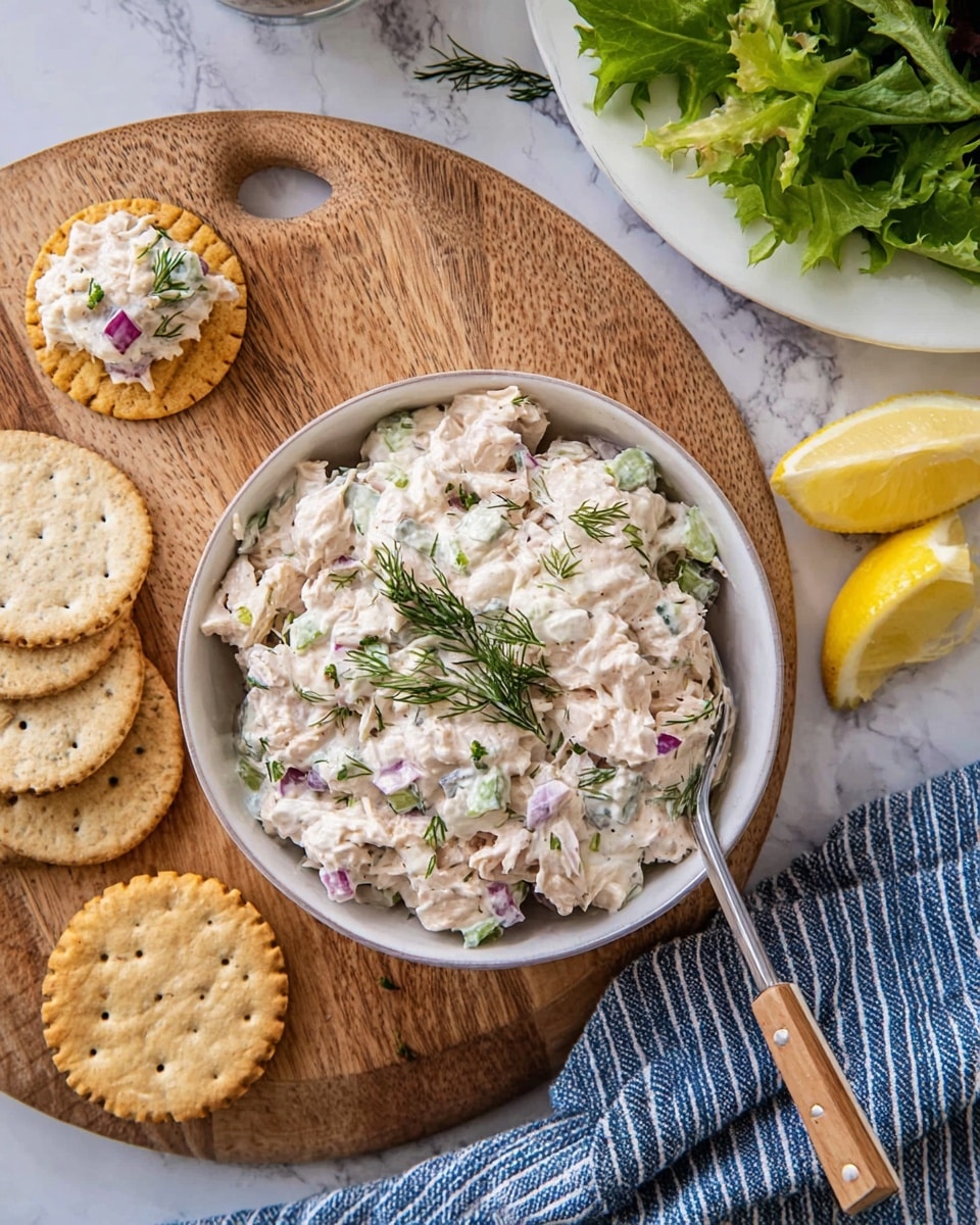 A white bowl filled with creamy chicken salad showing pieces of light beige chicken mixed with green celery bits, purple onion bits, and green dill scattered on top. The bowl sits on a round wooden board along with several round and square crackers in light brown shades, two round crackers topped with chicken salad and dill, and two lemon wedges placed near the bowl. To the right, a white marbled surface holds a white plate with fresh green salad leaves, and a blue and white striped cloth is placed beside the board. photo taken with an iphone --ar 4:5 --v 7