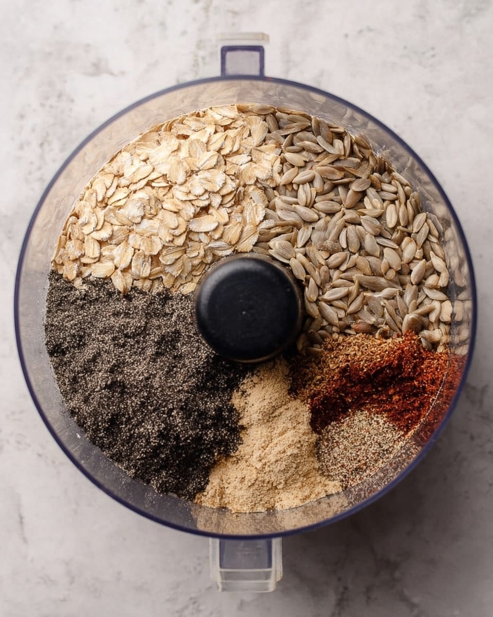 A top view of a clear food processor bowl filled with four separate layers of ingredients. On the top left side, there is a layer of light beige rolled oats, smooth and slightly curved to fit the bowl. To the right, there is a layer of light brown sunflower seeds, small and oval-shaped. On the bottom left, a mound of ground black seeds or spices with a soft powdered texture spreads in a curved shape. The bottom right side has a darker mixture of fine spices, including some reddish and white powder, all tightly packed and creating a rough surface. The bowl sits on a white marbled texture. Photo taken with an iphone --ar 4:5 --v 7