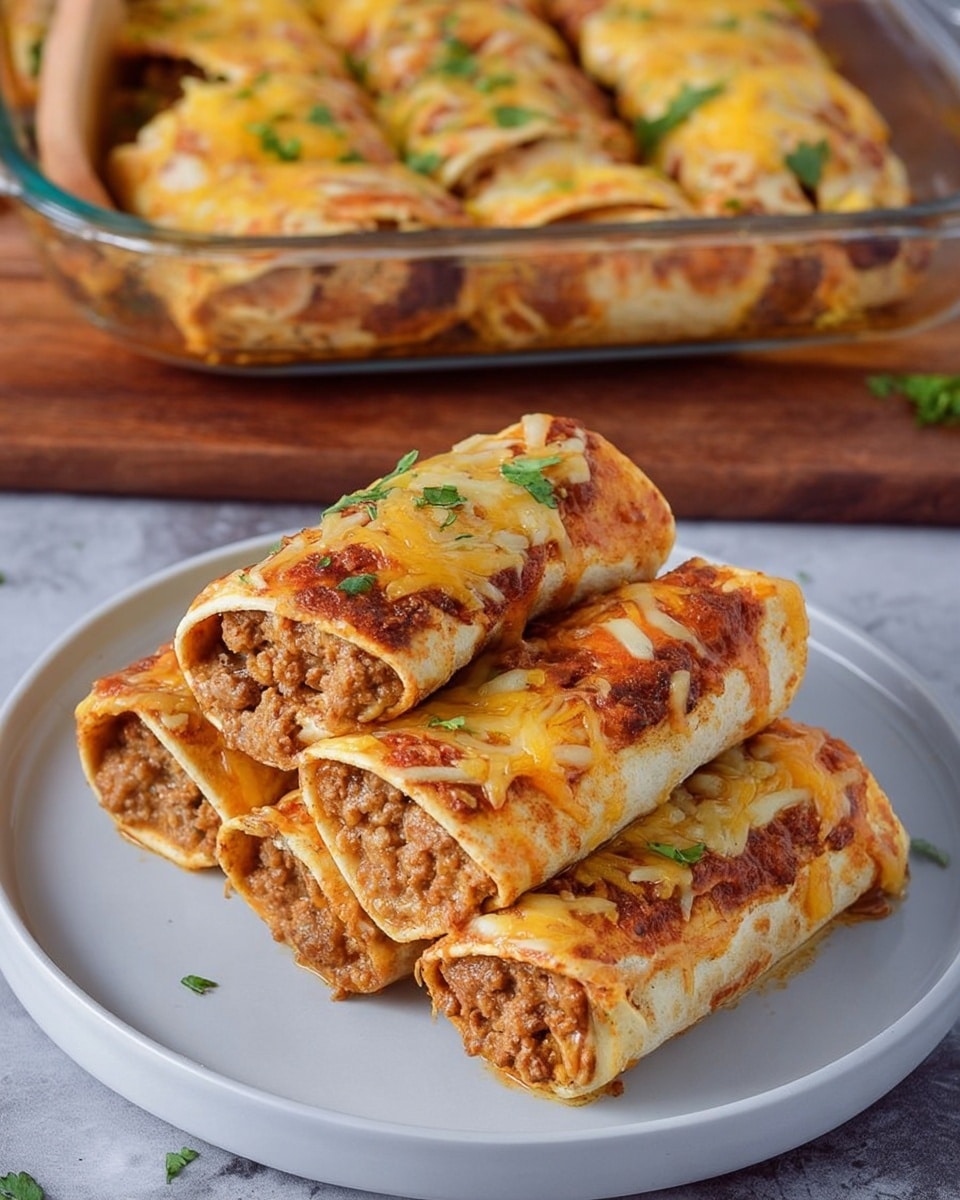A stack of four rolled tortillas filled with light brown, crumbly meat is placed on a simple white plate. Each tortilla is topped with melted yellow and white cheese, slightly browned and bubbly, with bits of green herbs scattered on top adding a fresh touch. The tortillas are arranged closely, showing the dense filling inside each roll. In the background, a clear rectangular baking dish holds more of these rolled tortillas covered with the same melted cheese and herbs. The whole scene is set on a white marbled surface with a wooden spatula resting behind the plate. Photo taken with an iphone --ar 4:5 --v 7