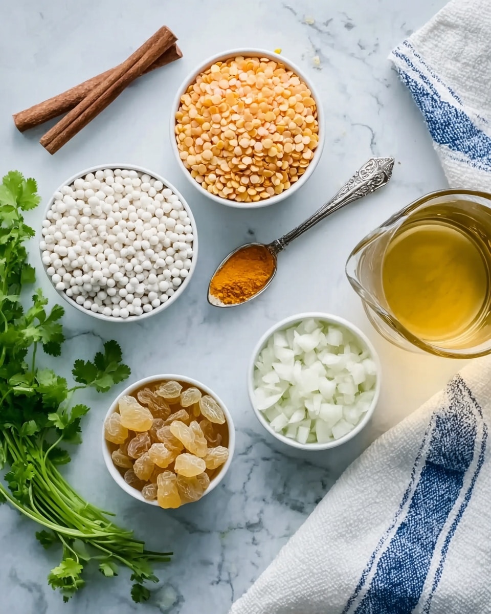 This image shows a flat top view of six small white bowls and a spoon with various raw ingredients arranged neatly on a white marbled surface. In the top left, a white bowl is filled with tiny round white pearls, next to a brown stick. Below it is another white bowl filled with golden brown lentils. A silver spoon with orange powder sits between these bowls. To the right, a white bowl contains small white chopped onions. Below it is a white bowl with golden raisins. On the far right, a transparent glass pitcher of light golden liquid is partially covered by a white cloth with blue stripes. There are also two sprigs of fresh green cilantro at the bottom left. photo taken with an iphone --ar 4:5 --v 7