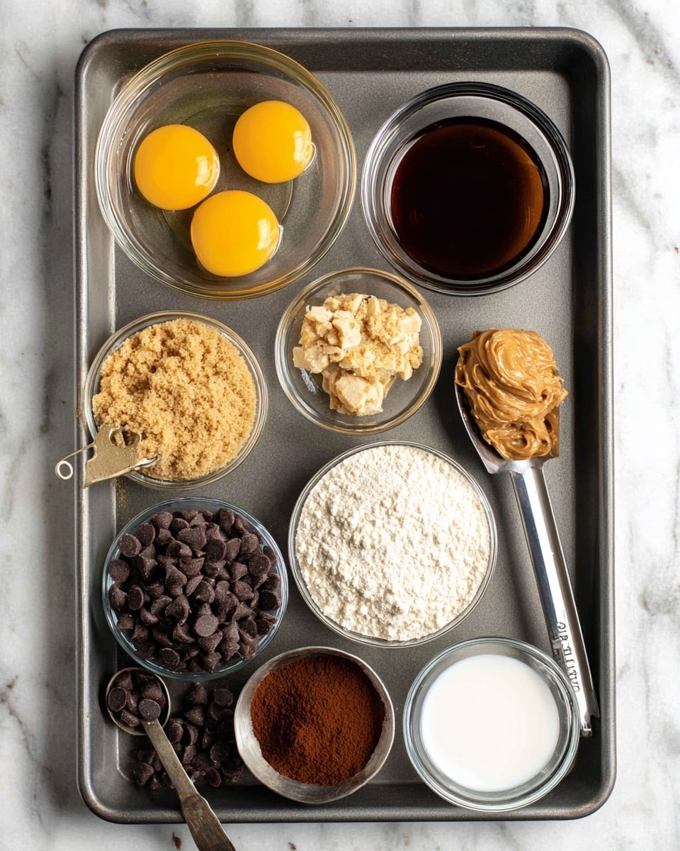 A dark gray baking tray on a white marbled surface holds several small clear glass bowls and measuring spoons arranged neatly. In the top left, a round glass bowl contains two raw egg yolks with a light yellow color and clear whites. To the right, a small bowl filled with a dark brown liquid sits next to a silver measuring spoon heaped with light brown peanut butter. Below, a medium bowl holds fine golden brown sugar, beside a bowl filled with small, round, dark brown chocolate chips. Near the bottom left, a larger bowl contains a pale off-white powdery almond flour, next to a heaping silver measuring spoon of cocoa powder, dark brown and finely ground. Lastly, a smaller bowl at the bottom right holds a white, soft textured coconut oil. photo taken with an iphone --ar 4:5 --v 7