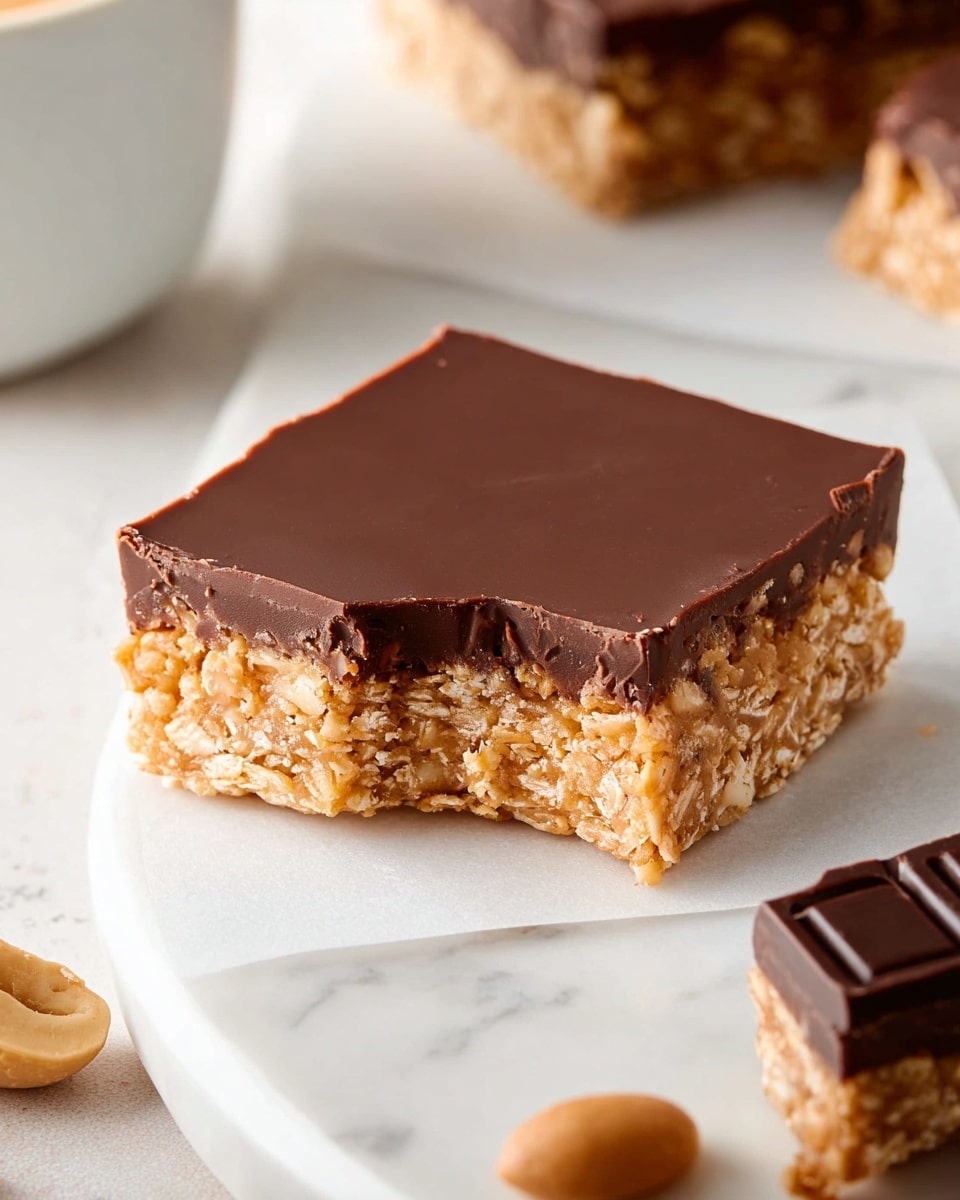 The image shows a square-shaped dessert bar on a white marbled surface, consisting of two layers. The bottom layer is thick and crumbly with a light golden brown color and a textured look suggesting oats or cereal pieces. The top layer is a smooth, glossy chocolate coating in a dark brown shade, with a clear bite taken from one corner revealing the contrast between the two layers. In the background, part of a white cup and a blurred piece of the same dessert bar can be seen, along with a chocolate chip and a peanut resting on the surface. Photo taken with an iphone --ar 4:5 --v 7