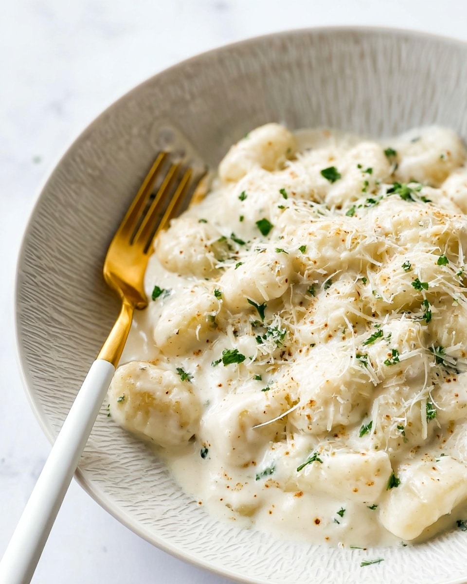 A close-up view of a white textured bowl fills most of the frame, holding a thick creamy white sauce with small gnocchi pieces covered in it. The sauce has tiny green herb bits and light brown specks, with a sprinkle of finely grated cheese on top. On the left side inside the bowl, a gold fork with a white handle rests partially under the sauce. The background shows a white marbled surface. photo taken with an iphone --ar 4:5 --v 7
