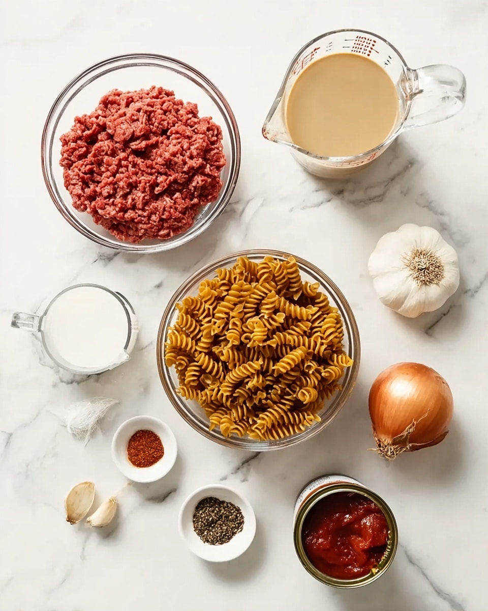 The image shows ingredients for a meal laid out on a white marbled surface. There are two clear glass bowls, one filled with raw red ground meat and the other with dry brown rotini pasta. Two glass measuring cups sit nearby, one holding a milky white liquid and the other a light brown broth. To the right, there is a whole brown onion, two cloves of garlic, a small pile of red pepper flakes, black pepper, a small amount of tomato paste in a round white bowl, and a half-open can of tomato paste with some visible bright red paste inside. The colors range from red and brown to white and light tan, arranged neatly with space between each item. photo taken with an iphone --ar 4:5 --v 7