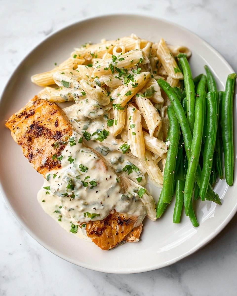 A white plate sits on a white marbled surface holding three main parts: on the left, there is a grilled salmon fillet with a golden-brown crust, partially covered with a creamy white sauce speckled with green herbs; next to the salmon, a portion of penne pasta is mixed with the same creamy sauce and scattered with small green herb pieces, giving it a soft, rich texture; on the right side of the plate, bright green steamed green beans are arranged in a neat bundle, slightly glistening and sprinkled with light black pepper. photo taken with an iphone --ar 4:5 --v 7