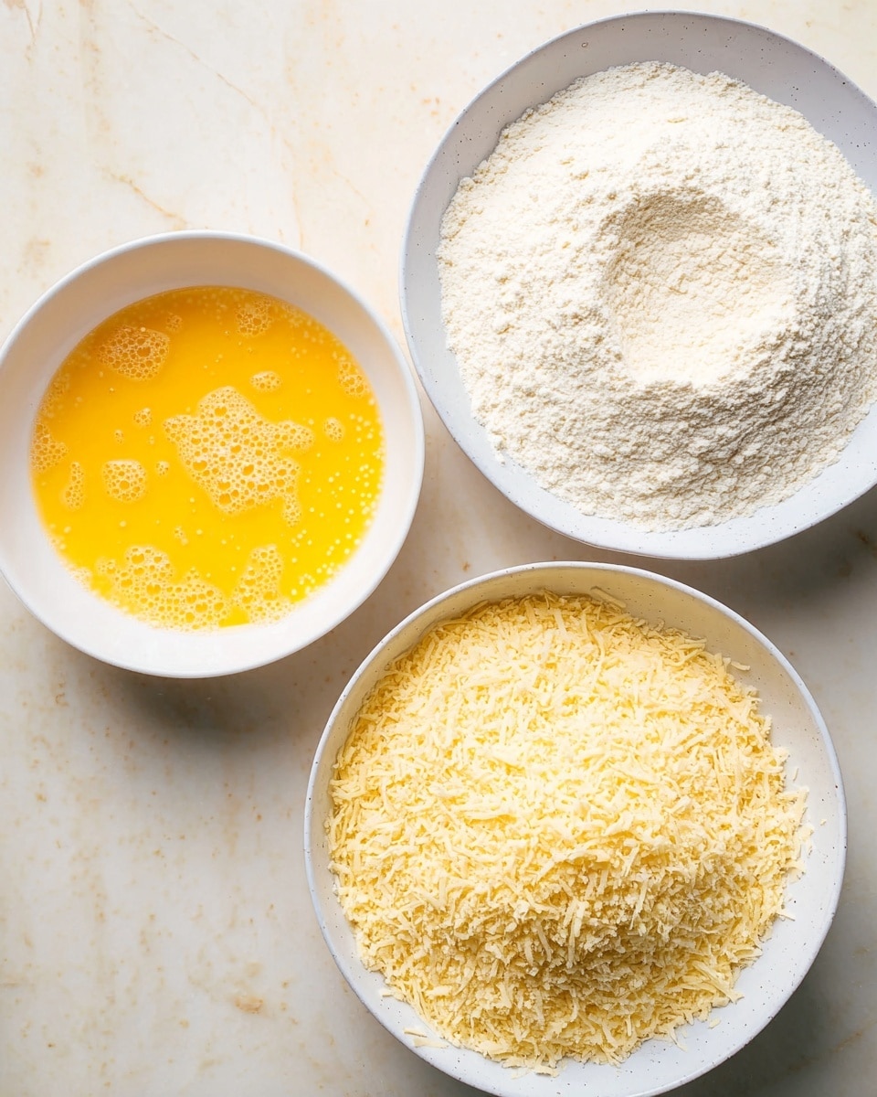 The image shows three white dishes on a white marbled surface. The top right white dish has a layer of fine white flour with a small dip in the middle. The bottom dish is filled with a thick layer of light yellow grated cheese, looking slightly fluffy and textured. The dish on the left contains a smooth, bright yellow beaten egg mixture with small bubbles on its surface, giving a shiny and wet look. photo taken with an iphone --ar 4:5 --v 7