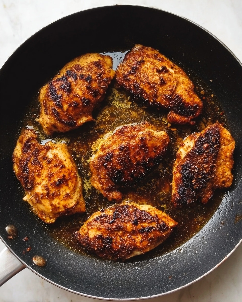 A black frying pan holds six browned pieces of chicken, each with a crispy, golden-brown crust textured with small charred spots and patches. The chicken pieces are arranged in a slightly spread-out pattern, resting in a shallow pool of cooking oil that glistens and reflects the light. The background is a white marbled surface. photo taken with an iphone --ar 4:5 --v 7