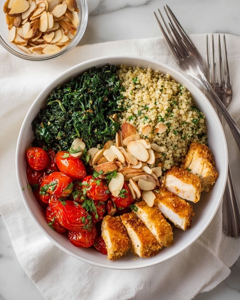 A white bowl is filled with four distinct layers, arranged in sections. Starting from the top left, there is a dark green layer of cooked spinach with a rough texture. Alongside it, on the top right, is a pile of light beige quinoa sprinkled with small green herbs and topped with light brown sliced almonds. Below these, on the bottom right, are five pieces of golden brown cooked chicken with a crispy outside and white inside. To the left of the chicken, there is a bright red section of roasted cherry tomatoes, glistening with a slight shine and dotted with chopped green herbs. The bowl sits on a soft white cloth on a white marbled surface, with a glass bowl of sliced almonds to one side and a silver fork nearby. Photo taken with an iphone --ar 4:5 --v 7