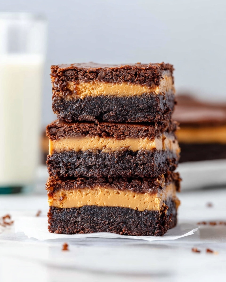 A stack of three square dessert bars with three clear layers is placed on a white marbled surface. The bottom and top layers are dark brown, moist, and slightly crumbly, resembling rich chocolate brownie. The middle layer is slightly thicker, light brown with a smooth and creamy texture, resembling peanut butter filling. The edges of each layer are sharp, and some crumbs are visible on the top and sides. A glass of milk in the background is blurry, and the whole image is bright with soft natural lighting. Photo taken with an iphone --ar 4:5 --v 7