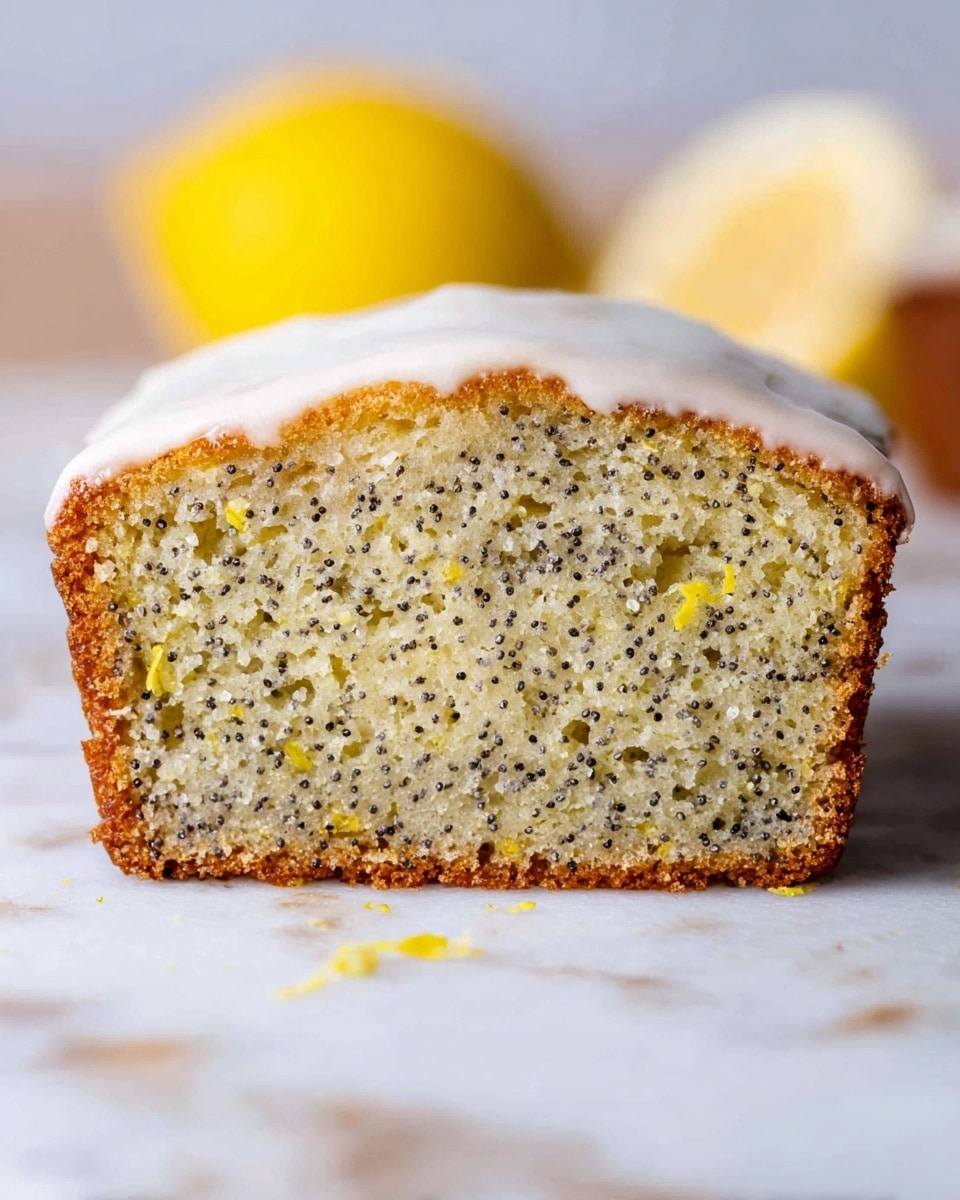 A close-up of a single slice of lemon poppy seed loaf cake resting on a white marbled surface, showing the light golden-brown crust at the bottom and the soft, moist interior studded with black poppy seeds and small bits of yellow lemon zest. On top, there is a smooth, thin layer of white icing covering the loaf evenly. In the blurred background, a whole lemon is visible, adding a bright yellow contrast. Photo taken with an iphone --ar 4:5 --v 7