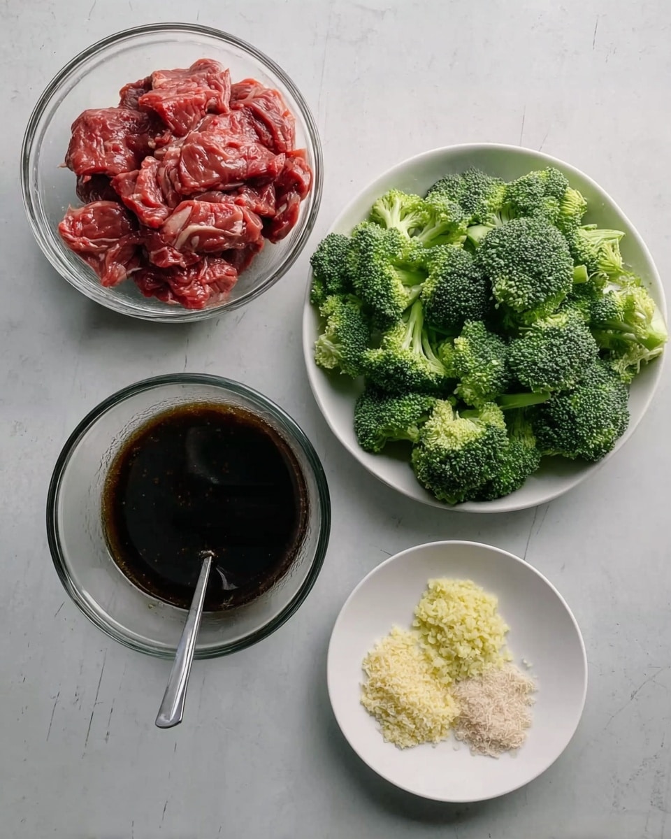 The image shows four clear glass and white dishes placed on a white marbled surface. At the top left, a clear glass bowl is filled with raw red slices of meat with some white fat visible. To the right, there is a white plate full of fresh green broccoli florets. At the bottom left, a large clear glass bowl contains a dark brown liquid with a silver spoon resting inside. On the bottom right, a small white plate has two piles of finely chopped ingredients one is light yellow and the other is off-white. The setup focuses on fresh ingredients ready for cooking, with a neat and clean presentation. photo taken with an iphone --ar 4:5 --v 7
