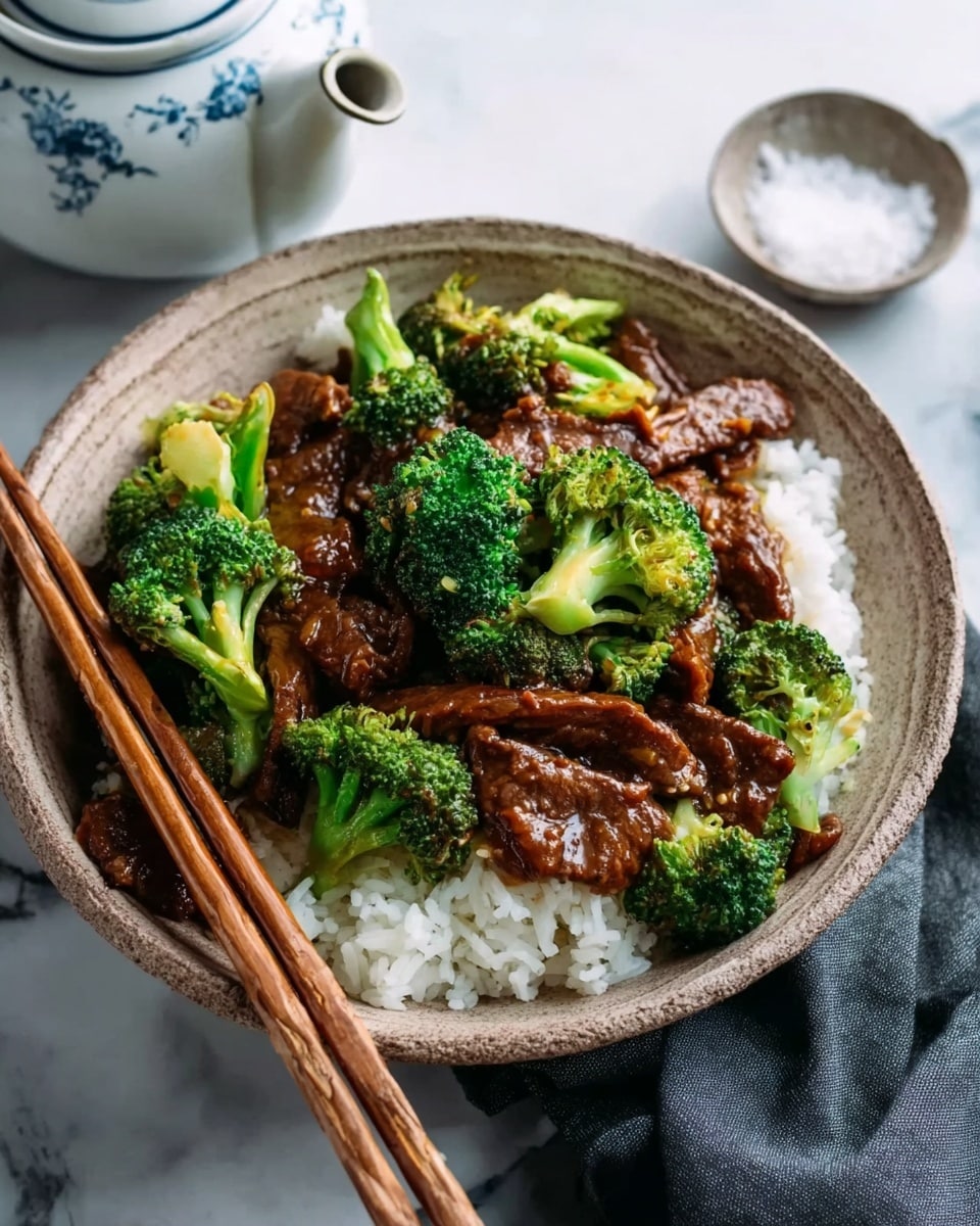 The image shows a bowl filled with a layer of white rice at the bottom, topped with a mix of shiny, dark brown beef slices and bright green broccoli florets. The beef pieces are coated in a thick sauce that looks smooth and glossy, evenly spread over the rice and broccoli. The broccoli pieces are fresh, vibrant, and slightly steaming. The bowl is made of textured stoneware and sits on a white marbled surface. A pair of wooden chopsticks leans on the left side of the bowl, and in the background, there is a white teapot with a blue pattern and a small white bowl with some salt. A dark gray cloth is on the bottom right edge. photo taken with an iphone --ar 4:5 --v 7