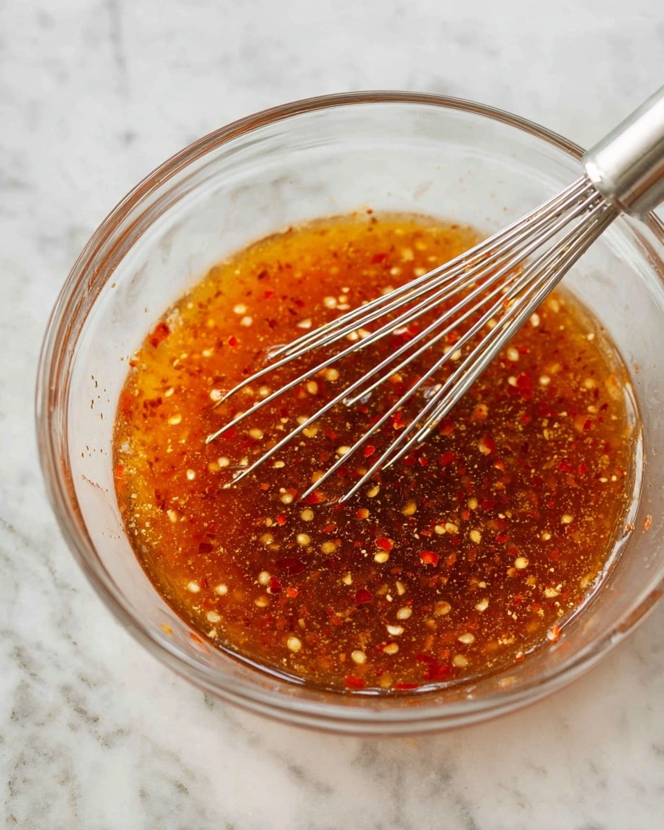 A clear glass bowl holds one layer of orange-brown liquid sauce with visible red chili flakes and seeds floating throughout, creating a textured look. Inside the bowl, a silver metal whisk rests, its shiny wires partially submerged in the sauce. The bowl is placed on a white marbled surface, giving the setup a clean and bright background. photo taken with an iphone --ar 4:5 --v 7