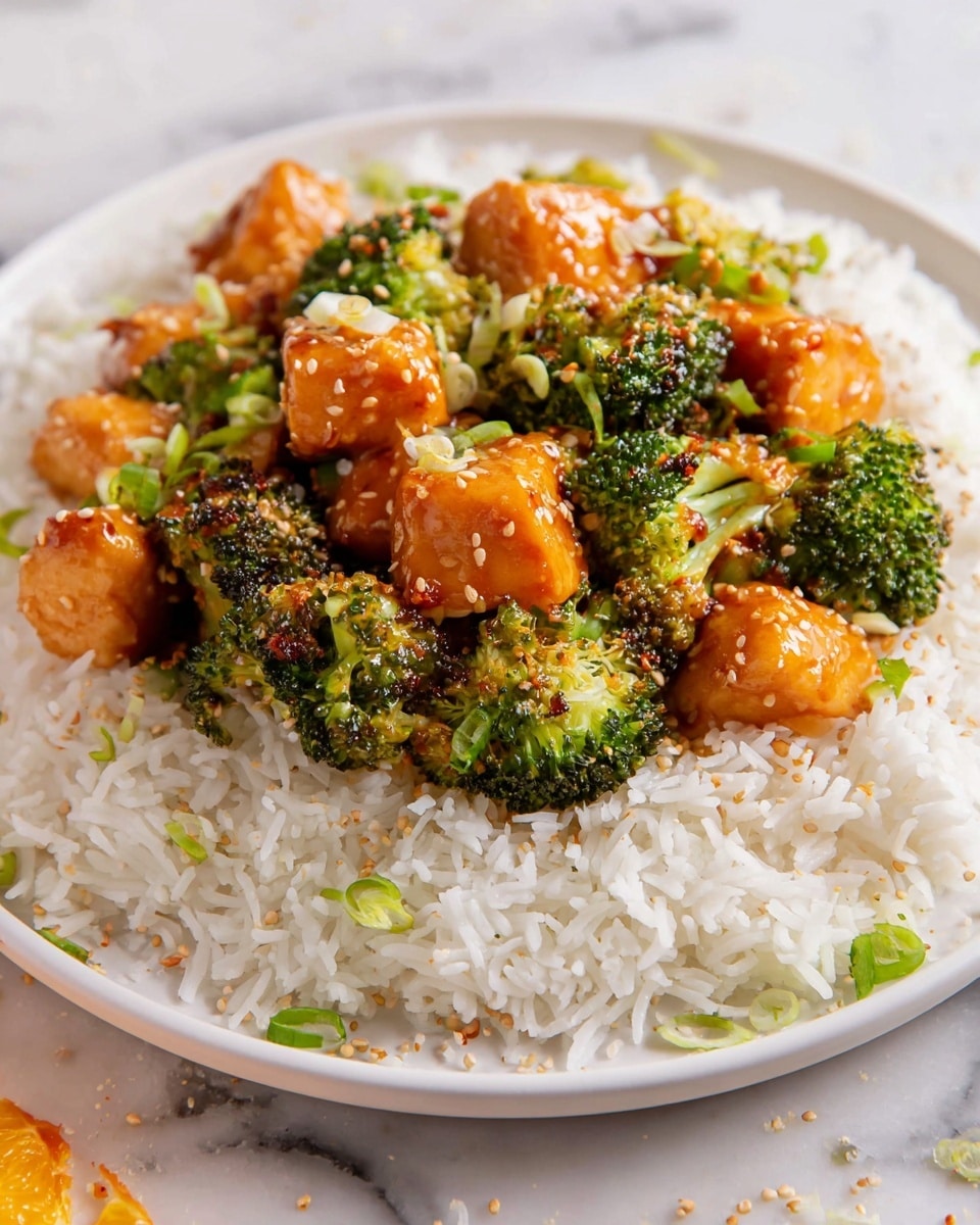 A white plate sits on a white marbled surface filled with two main layers: the bottom layer is a fluffy mound of white rice with long grains spread evenly across the plate; on top is a mix of bright green broccoli florets and cubed, orange-glazed pieces of chicken, all coated in a shiny sauce. The chicken pieces have a smooth texture while the broccoli shows its small, delicate stems and buds. Sprinkled over the top are light-colored sesame seeds and chopped green onions that add small pops of color. Photo taken with an iphone --ar 4:5 --v 7