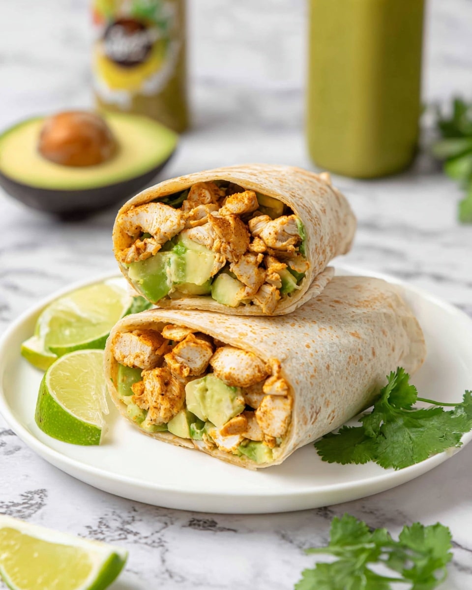 The image shows a burrito cut in half and placed on a white plate on a white marbled surface. The burrito has two visible layers inside: the bottom layer is chunks of green avocado, and the top layer is pieces of cooked seasoned chicken with a slightly brown and orange color. There are slices of light yellow cheese mixed in with the chicken. Around the plate, there are slices of lime and sprigs of fresh green cilantro. In the background, there is a halved avocado and a tall bottle of green sauce, both slightly out of focus. Photo taken with an iphone --ar 4:5 --v 7
