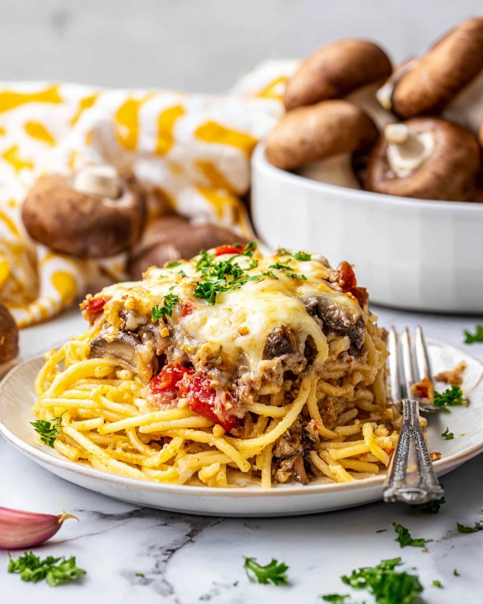 The image shows a thick slice of baked spaghetti layered on a white plate. The bottom layer is cooked spaghetti, light yellow in color, twisted and piled high. On top of the pasta, there are mixed fillings including pieces of brown mushrooms, ground meat, and red tomato chunks. The top layer is melted cheese, creamy and stringy, covering the filling and garnished with small green parsley leaves. The plate is placed on a white marbled surface, with some scattered parsley and garlic cloves nearby. A silver fork rests on the right side of the plate. In the background, there is a white bowl filled with fresh brown mushrooms and a yellow and white patterned cloth. photo taken with an iphone --ar 4:5 --v 7