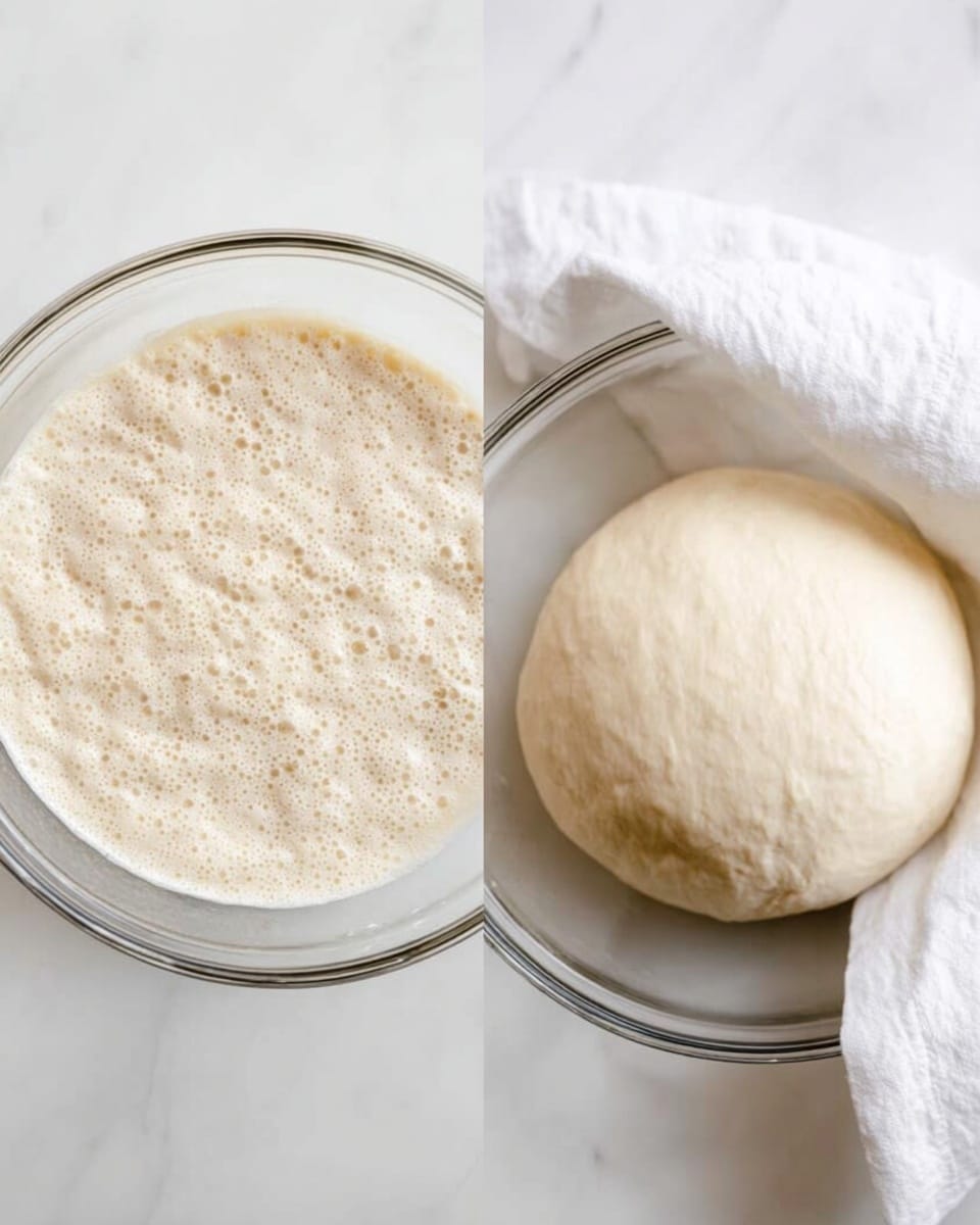 The image shows two glass bowls on a white marbled surface, each containing dough at different stages. The left bowl has a bubbly, frothy yeast mixture covering the bottom layer with a light beige foam texture. The right bowl holds a smooth, rounded dough ball that has risen, with a slightly shiny and soft cream-colored surface, partially covered by a white cloth at the top right corner. The clear glass bowls show the dough clearly against the simple, clean background. photo taken with an iphone --ar 4:5 --v 7