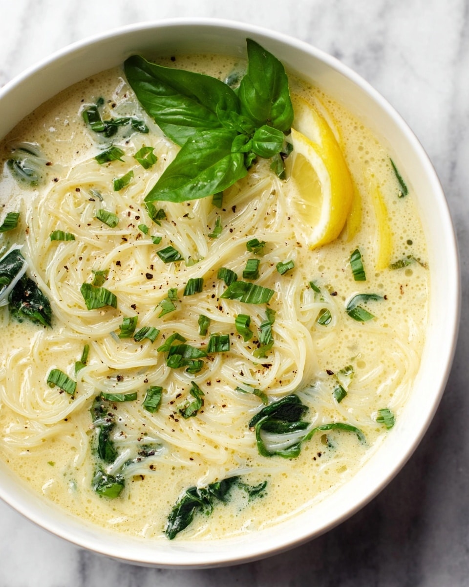 A white bowl filled with thin white noodles in a creamy light yellow soup. The soup has green spinach leaves and small chopped green herbs scattered on top. A wedge of lemon adds a bright yellow touch on the side, with a fresh green basil sprig next to it. The light soup has small air bubbles and is slightly shiny, with some black pepper specks sprinkled through. The bowl is placed on a white marbled surface. photo taken with an iphone --ar 4:5 --v 7