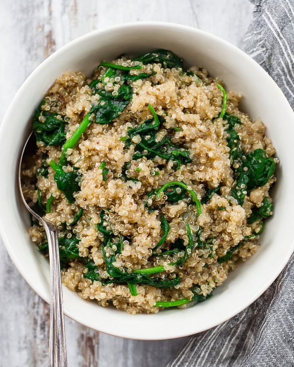 A close-up top view of a white bowl filled with soft cooked quinoa mixed evenly with wilted bright green spinach leaves, giving a mix of light beige and deep green colors. The quinoa shows small, soft grains with a slightly fluffy texture, and the spinach leaves appear tender and fresh. A silver spoon rests inside the bowl on the left side. The bowl sits on a white marbled surface with a gray and white striped cloth visible on the side. photo taken with an iphone --ar 4:5 --v 7