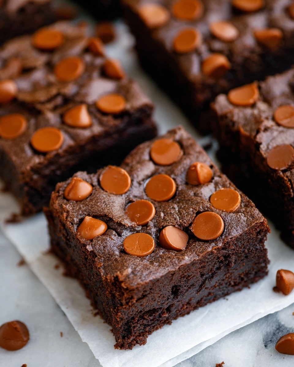 The image shows thick, square-shaped chocolate brownies arranged closely on a white marbled surface. Each brownie has a rich dark brown base layer with a soft, moist texture. The top layer is generously covered with round, light brown chocolate chips scattered evenly across the surface, some slightly melting into the brownie. The brownies are placed on a white paper-like sheet that lines the surface beneath them, adding contrast to the dark chocolate color. The photo has a tight focus on the center brownie, with others slightly blurred in the background, showing depth and texture. photo taken with an iphone --ar 4:5 --v 7