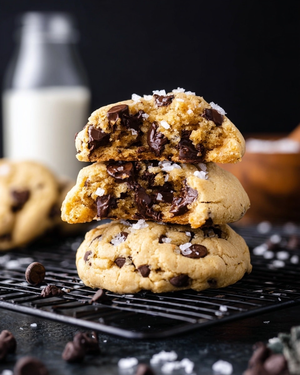 The image shows a stack of three thick, soft chocolate chip cookies with a golden-brown color and a slightly rough texture. The top cookie is broken in half, revealing many melty, dark chocolate chips inside with some flakes of white sea salt on top. The cookies rest on a black wire rack over a dark surface scattered with chocolate chips and sea salt. In the blurry background, there is a bottle of milk on the left and a wooden bowl on the right, all set against a solid black backdrop. photo taken with an iphone --ar 4:5 --v 7