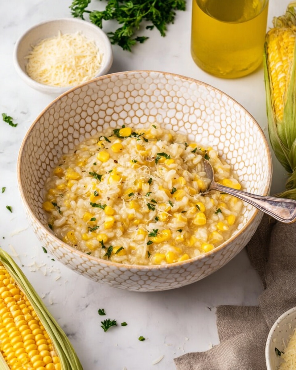 A white bowl with a honeycomb pattern is filled with a creamy yellow corn risotto mixed with whole corn kernels and small green herb pieces. A silver spoon rests inside the bowl on the right side, partly submerged in the risotto. Around the bowl, there is a piece of corn on the cob without husks, a small white bowl filled with grated cheese, some green parsley leaves, and a bottle with a yellow liquid. The scene is set on a white marbled surface. photo taken with an iphone --ar 4:5 --v 7
