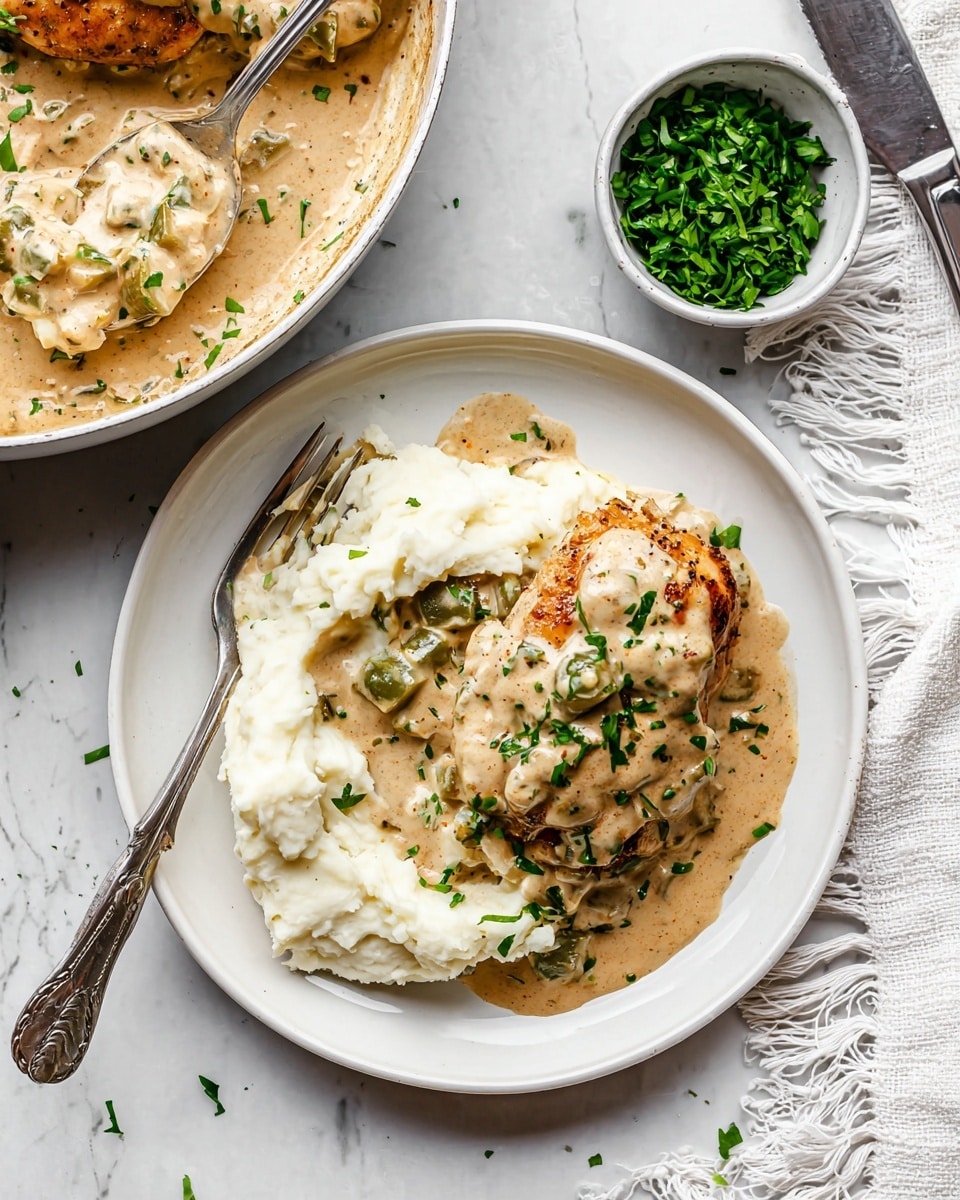 A white plate holds a serving of mashed potatoes on the left side, smooth and creamy with some small green herb pieces sprinkled on top. On the right side is a browned cooked chicken piece covered in a thick, light beige sauce with chunks of green vegetables mixed in. The sauce also has small pieces of chopped herbs sprinkled on top of the chicken and potatoes. A silver fork rests on the left edge of the plate, partially stuck into the mashed potatoes. Nearby, there is a white pan filled with more chicken and sauce, with a silver serving spoon lifting some sauce and vegetables. In the top right corner, there is a small white bowl containing chopped green herbs. The background is a white marbled surface with a white fringed napkin and a silver knife to the right. photo taken with an iphone --ar 4:5 --v 7