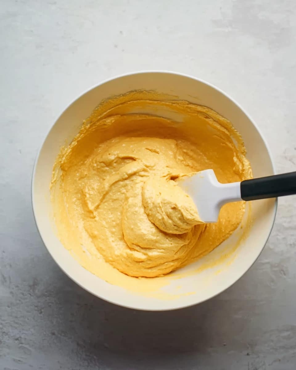A white bowl sits on a white marbled texture surface, filled with a creamy, thick yellow-orange mixture that looks smooth but with some small lumps. A white spatula with a black handle is partially inside the bowl, holding some of the mixture and positioned on the right side, as if stirring or folding the batter. The scene is well-lit, showing the soft and fluffy texture of the mixture inside the bowl photo taken with an iphone --ar 4:5 --v 7