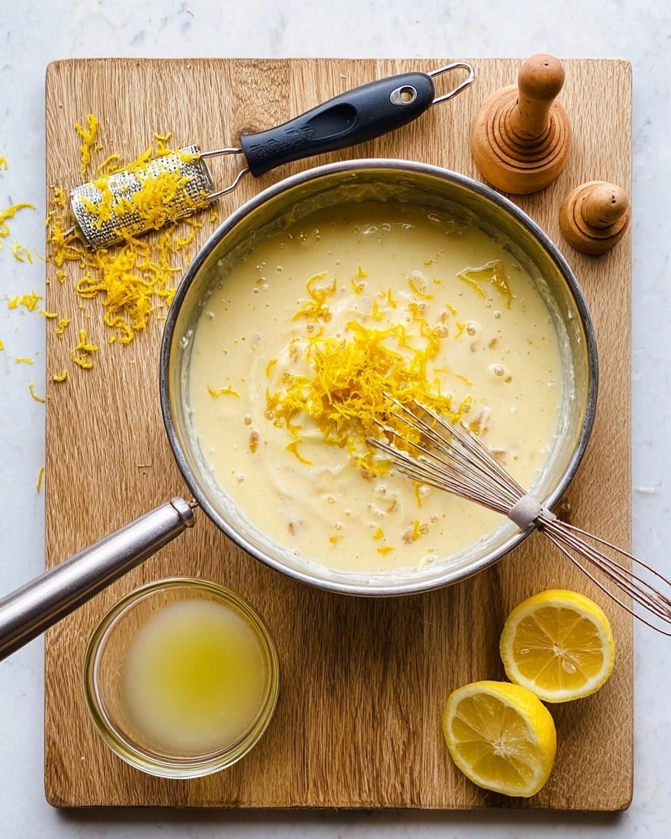 A metal bowl on a wooden cutting board holds a creamy light yellow mixture with small chunks and bits of zest, topped with a small heap of bright yellow lemon zest. A metal whisk rests inside the bowl, its handle lying across the edge. To the left on the board is a lemon zester with a black handle and scattered lemon zest, next to a small clear glass bowl with pale yellow lemon juice. To the right, two squeezed lemon halves lay beside a wooden lemon juicer. The background is a white marbled surface. Photo taken with an iphone --ar 4:5 --v 7