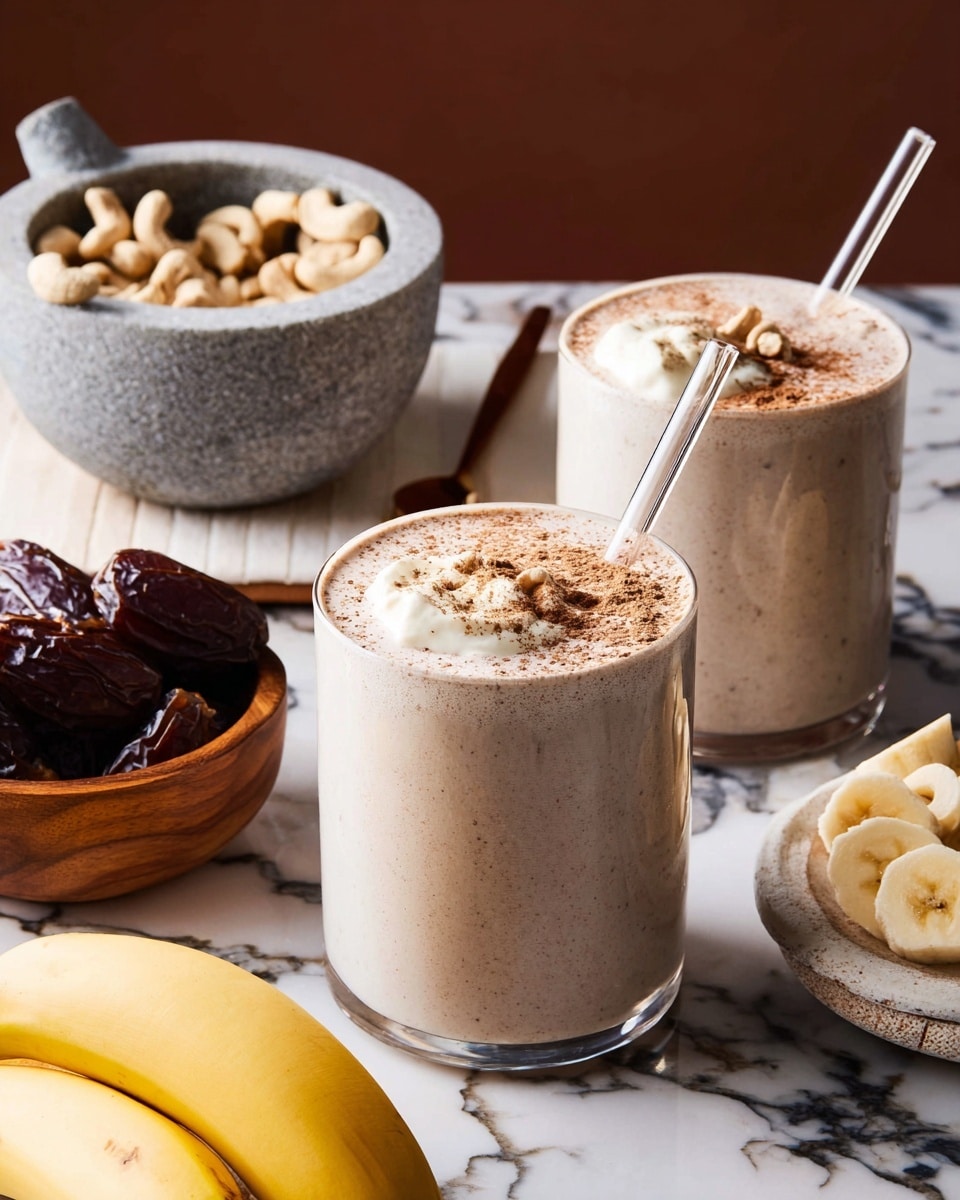 Two light brown milkshakes in clear glass cups fill most of the frame, each topped with a small white dollop of cream and a clear straw placed on the right side. The milkshakes have a light dusting of brown powder on top, giving a textured look. In the background, a white bowl sits on the right with sliced bananas inside, and a wooden bowl on the left filled with pieces of cashew nuts sits behind a gray stone mortar with a small metallic spoon. A white bowl in the lower left corner contains dark brown dates. Two yellow bananas rest at the bottom left on a white marbled surface with dark veins. photo taken with an iphone --ar 4:5 --v 7