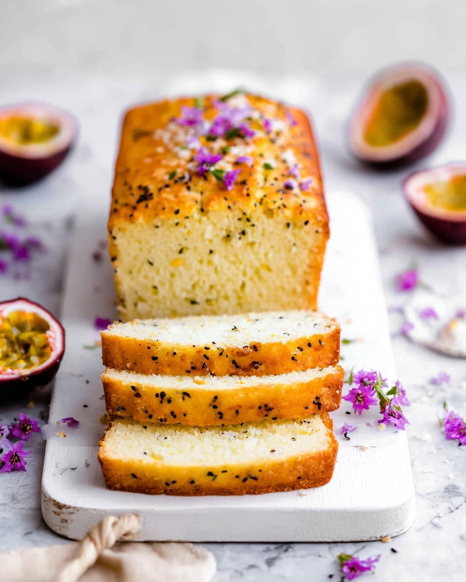 The image shows a white rectangular loaf cake on a white cutting board with a handle. The cake has three slices cut in the front, showing a soft, light yellow inside texture. The top and outer sides of the cake are golden brown with small black seeds scattered all over. In the background and around the cake, there are halved passion fruits with bright yellow pulp and some small purple flowers scattered on a white marbled surface. The overall look is bright and fresh. Photo taken with an iphone --ar 4:5 --v 7